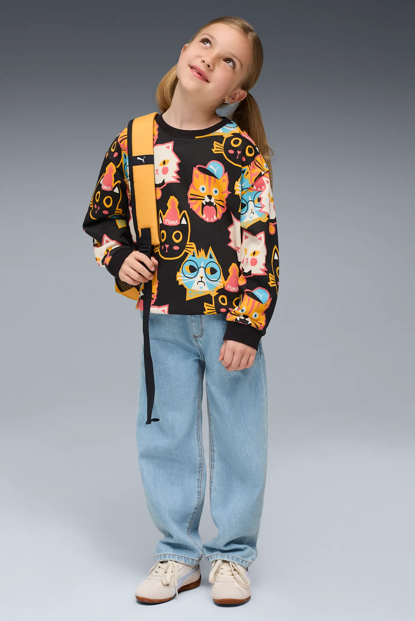 Детский черный свитшот с узором Moody Cat Crew Kids 2