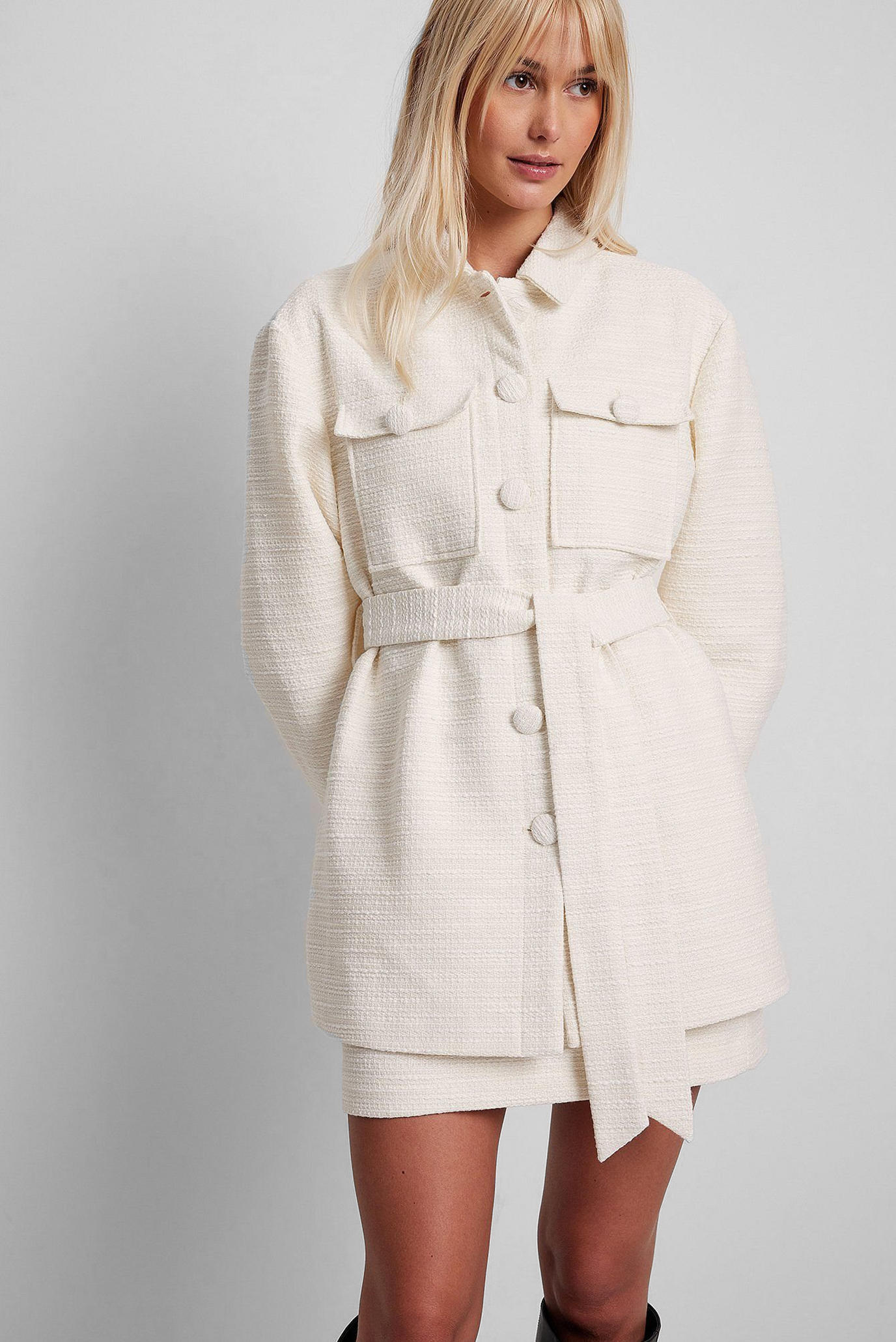 Женская белая твидовая рубашка-пальто 1