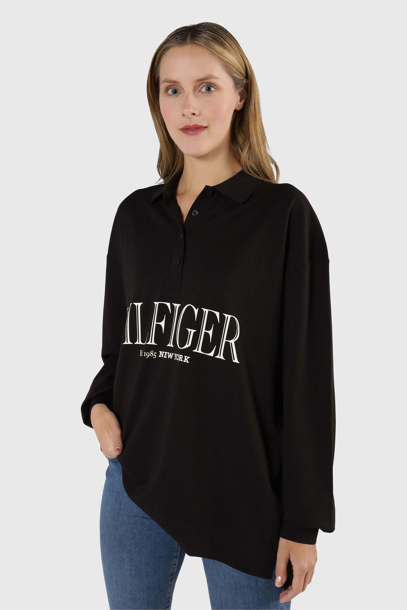 Женское черное поло BOYFRIEND MDN HILFIGER POLO LS 1