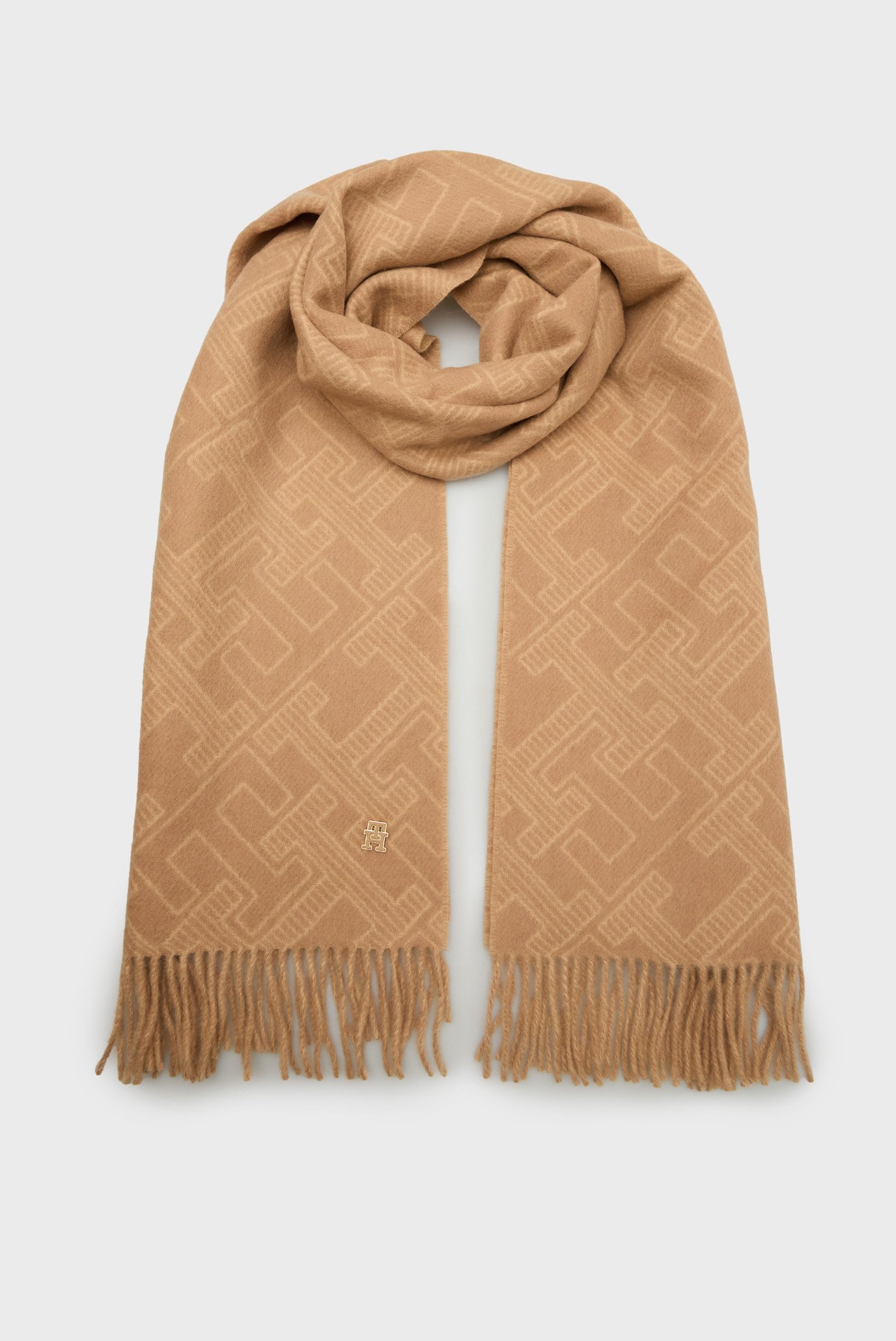 Женский коричневый шарф шерстяной с узором TH MONOGRAM WOOL SCARF 1