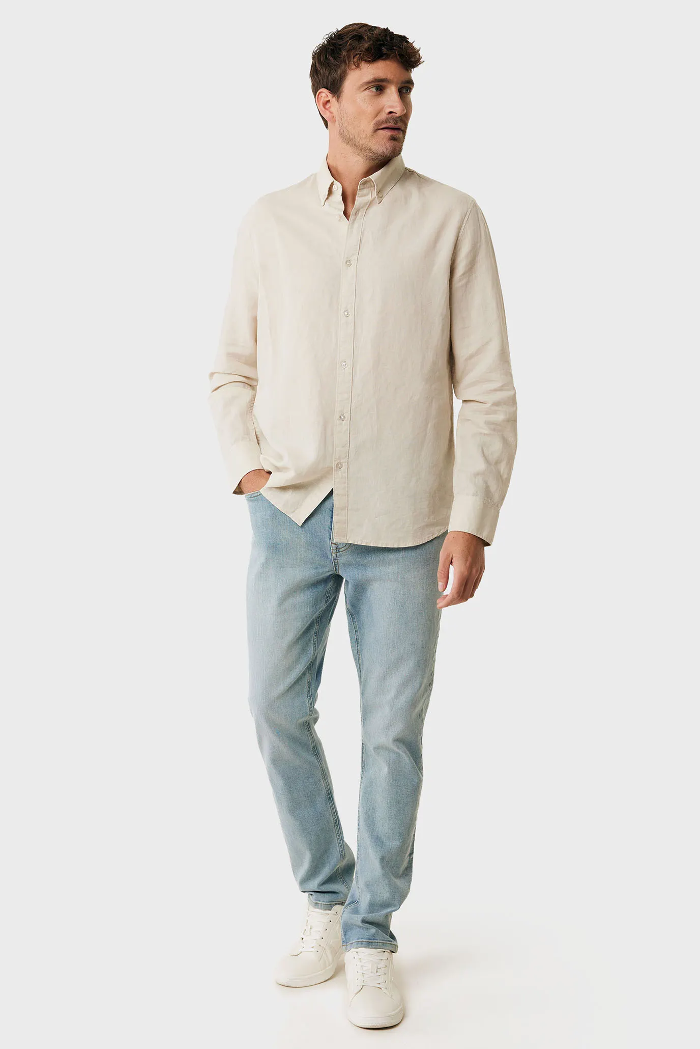 Мужская бежевая льняная рубашка CALEB Basic linen shirt 2