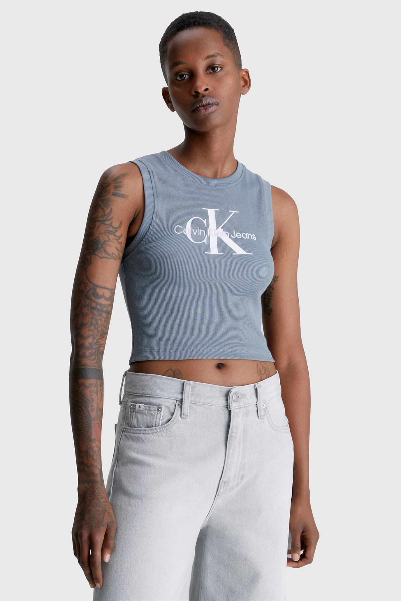Женский серый топ ARCHIVAL MONOLOGO RIB TANK TOP Calvin Klein Jeans ...