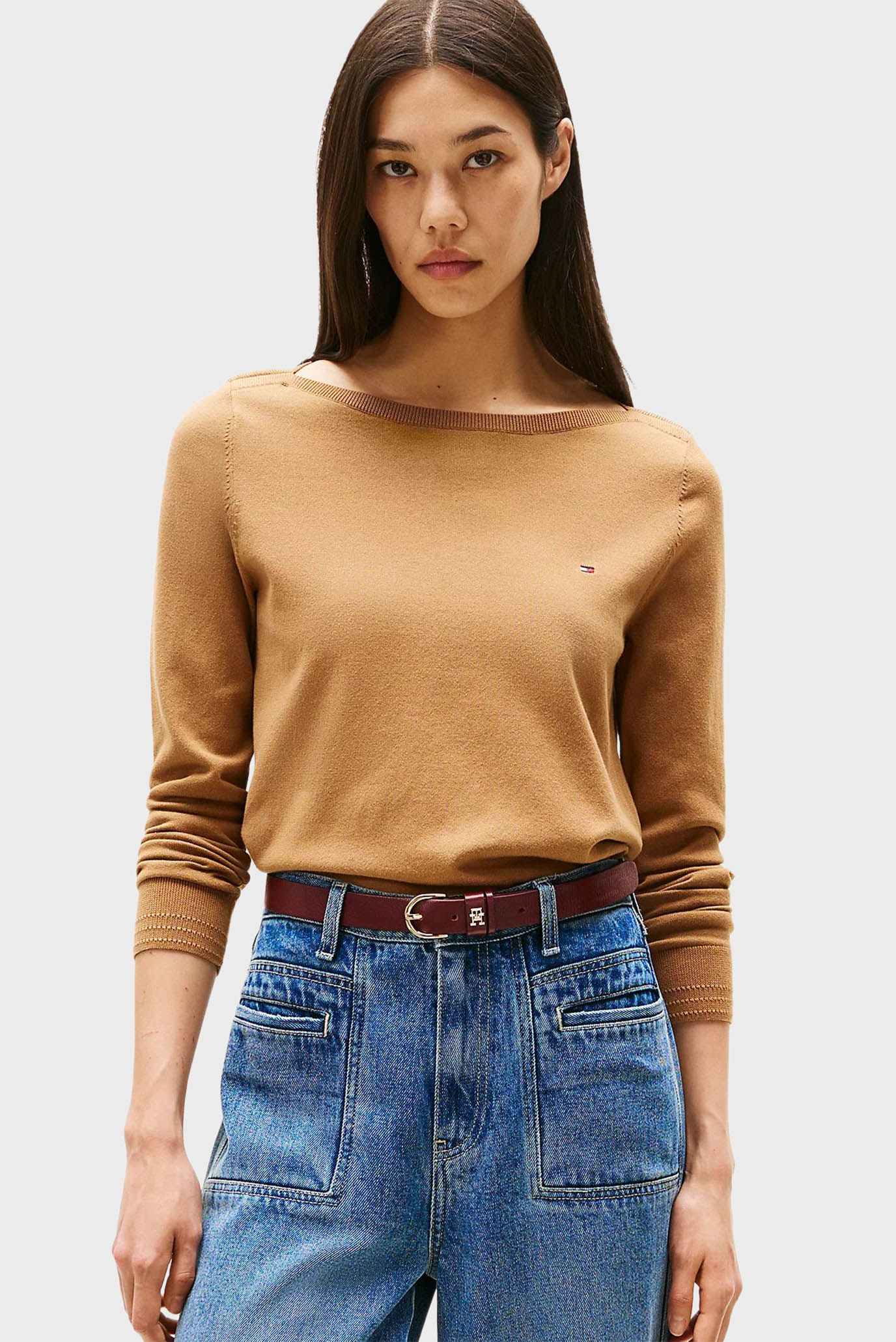 Женский коричневый джемпер CO JERSEY STITCH BOAT-NK LS Коричневый XS Tommy Hilfiger WW0WW40099 Женский коричневый джемпер CO JERSEY STITCH BOAT-NK LS Коричневый XS Tommy Hilfiger WW0WW40099