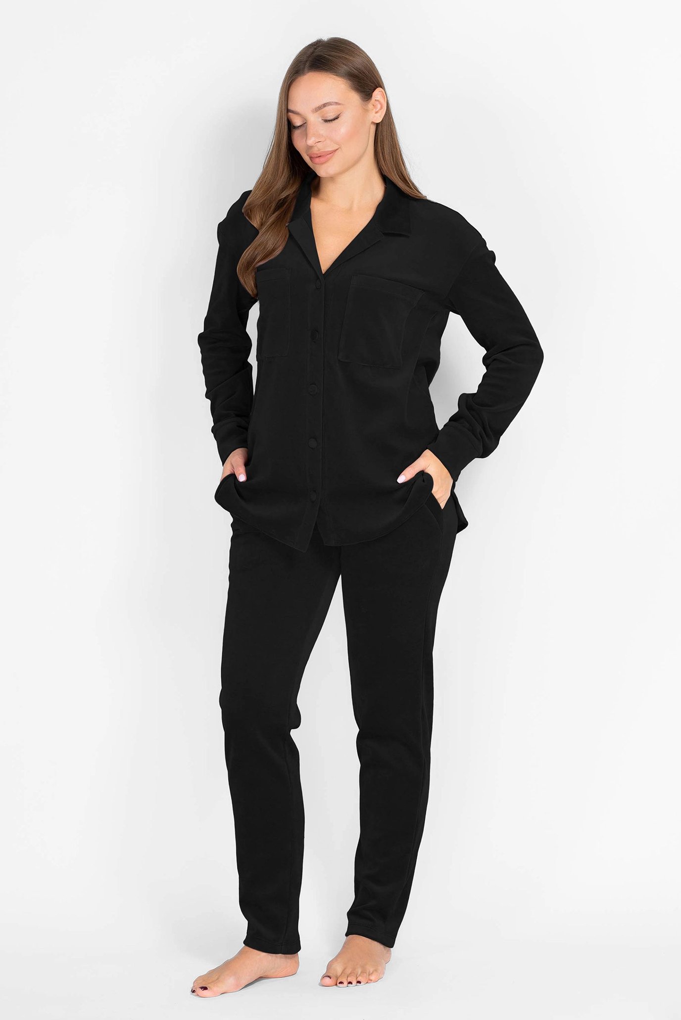 Жіноча чорна велюрова піжама (сорочка, брюки) 1