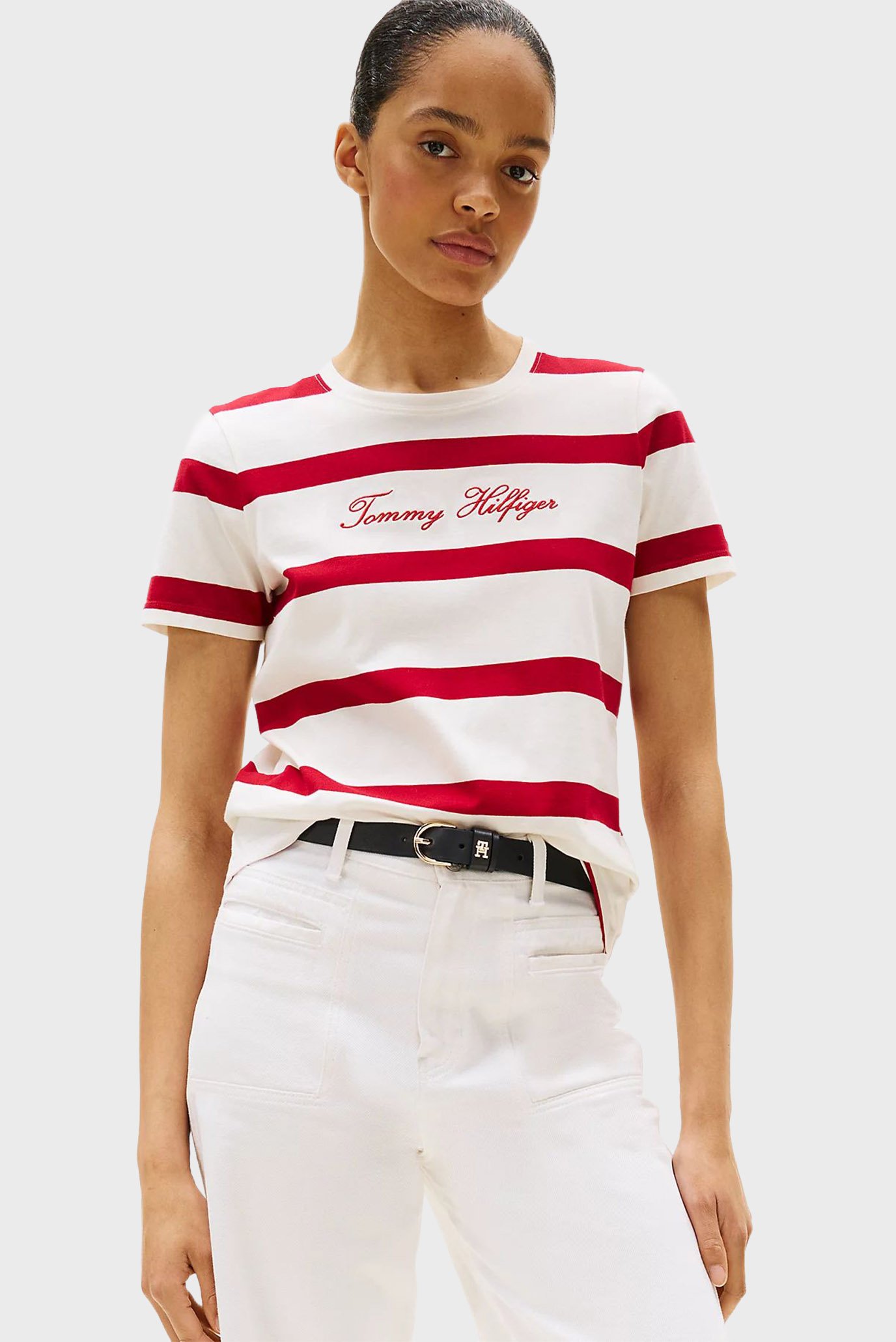 Женская белая футболка в полоску SCRIPT REG Белый S Tommy Hilfiger WW0WW45746 Женская белая футболка в полоску SCRIPT REG Белый S Tommy Hilfiger WW0WW45746