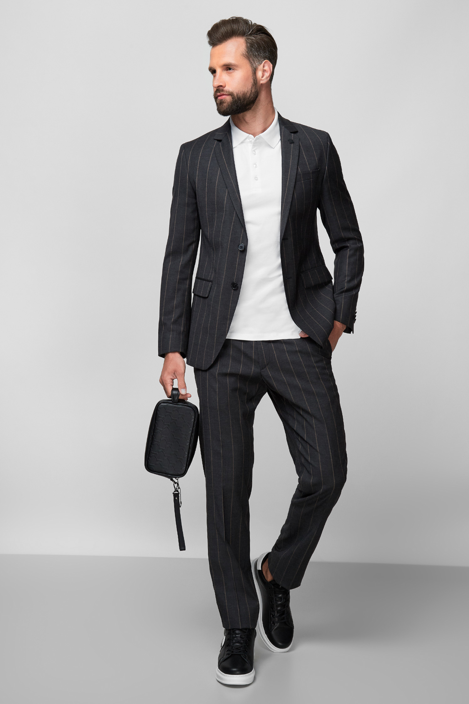 Мужской темно-серый шерстяной костюм в полоску (пиджак, брюки) 1
