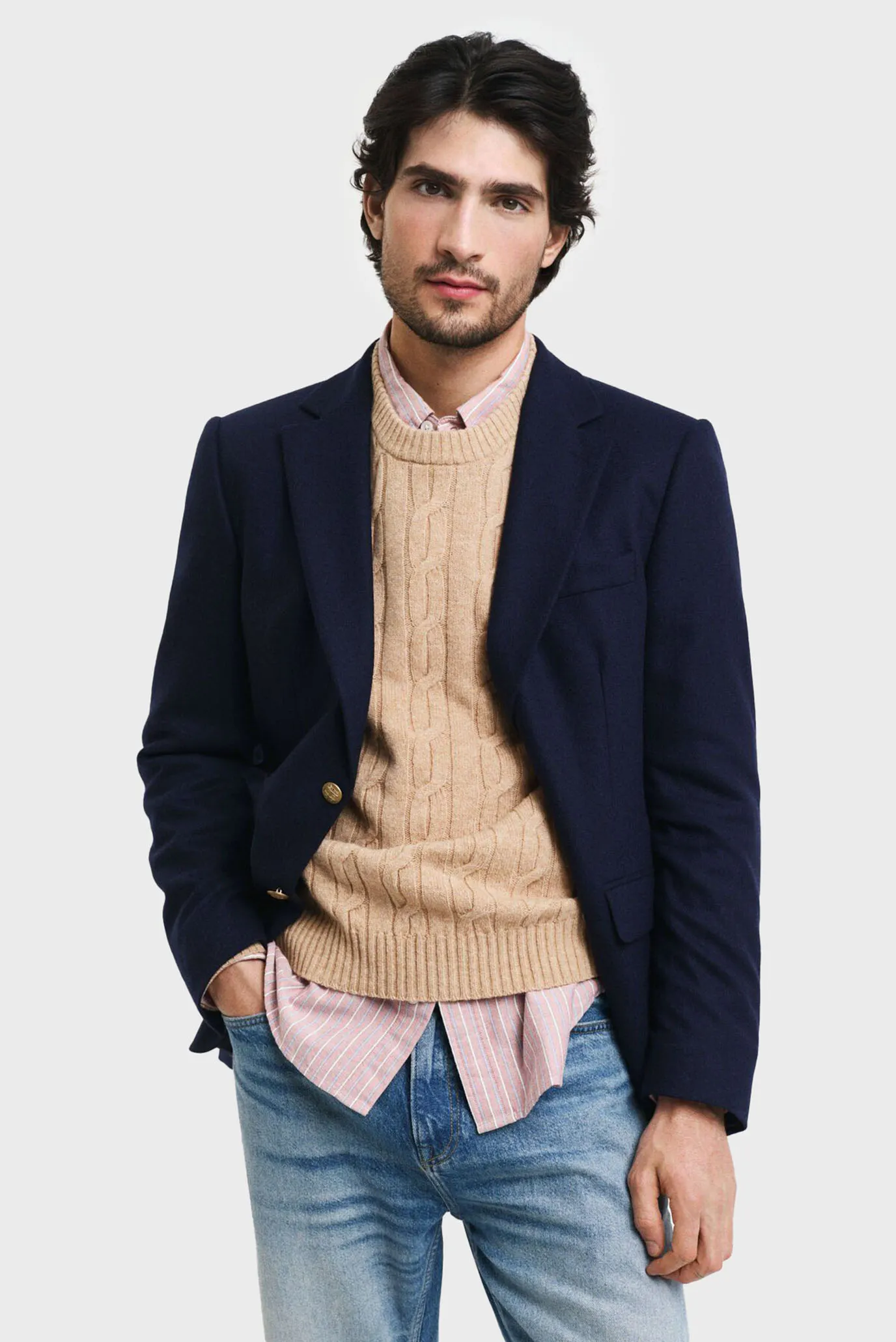 Мужской бежевый шерстяной свитер LAMBSWOOL CABLE C-NECK 5