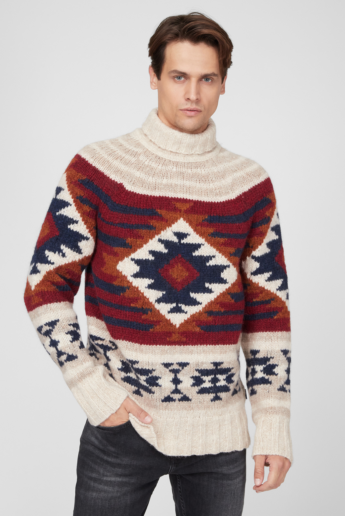 Чоловічий вовняний светр з візерунком ALPACA GEOMETRIC FUNNEL NECK 1