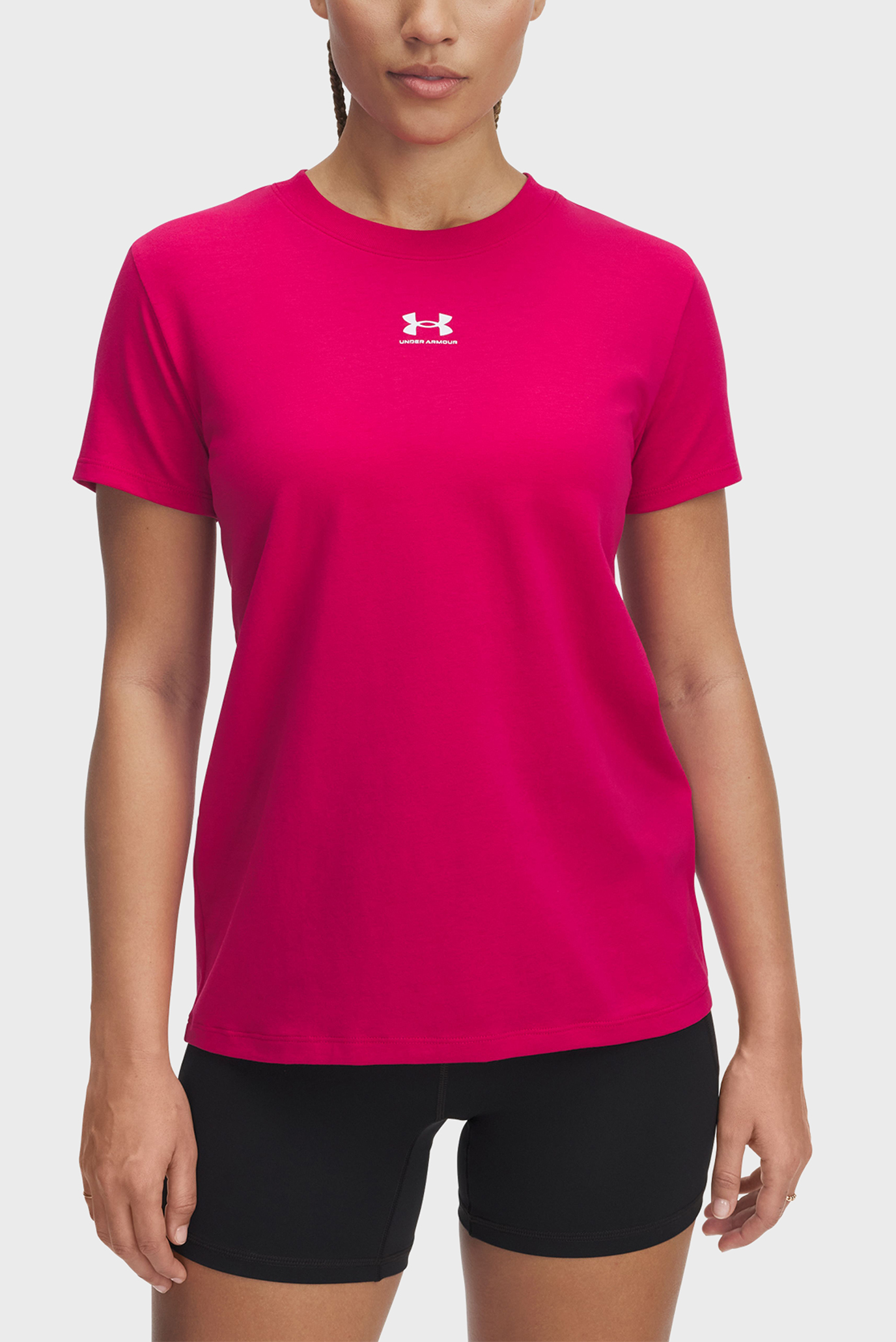 Женская малиновая футболка UA Rival Core SS Малиновый L Under Armour 1383648-681 Женская малиновая футболка UA Rival Core SS Малиновый L Under Armour 1383648-681