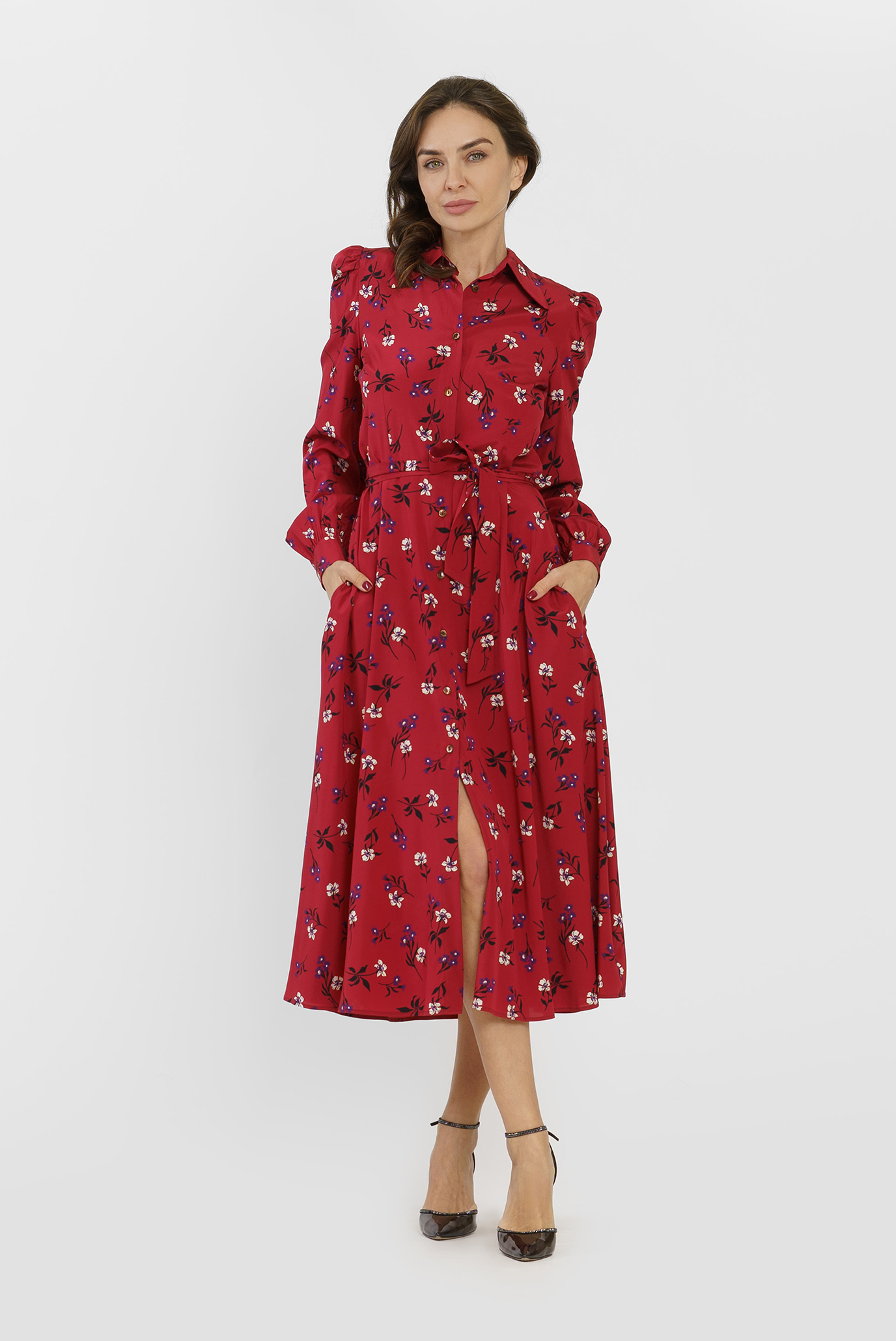 Женское красное шелковое платье с узором 1