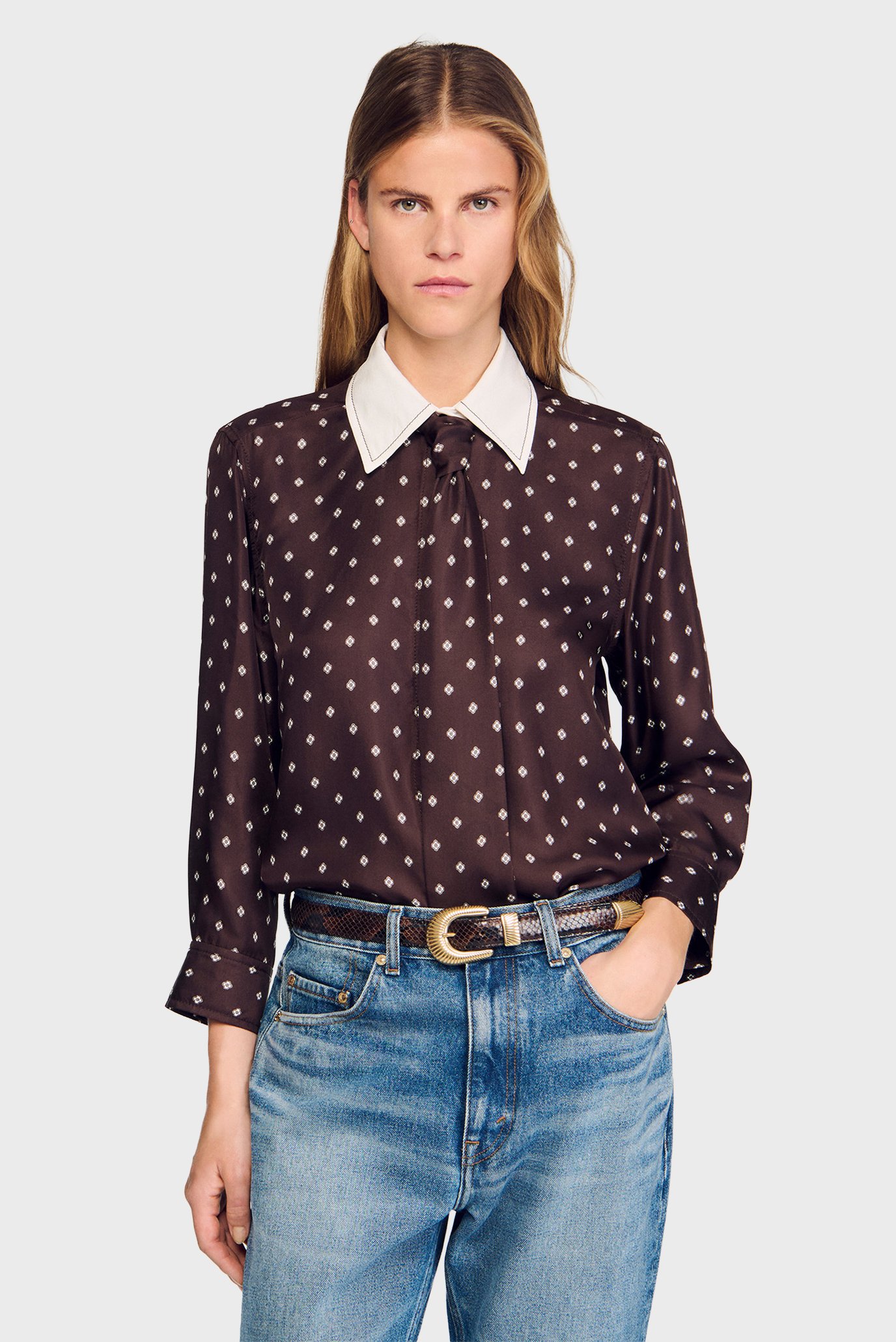 Женская коричневая шелковая блуза с узором Коричневый XS Sandro SFPCM01540_Brown - White Женская коричневая шелковая блуза с узором Коричневый XS Sandro SFPCM01540_Brown - White