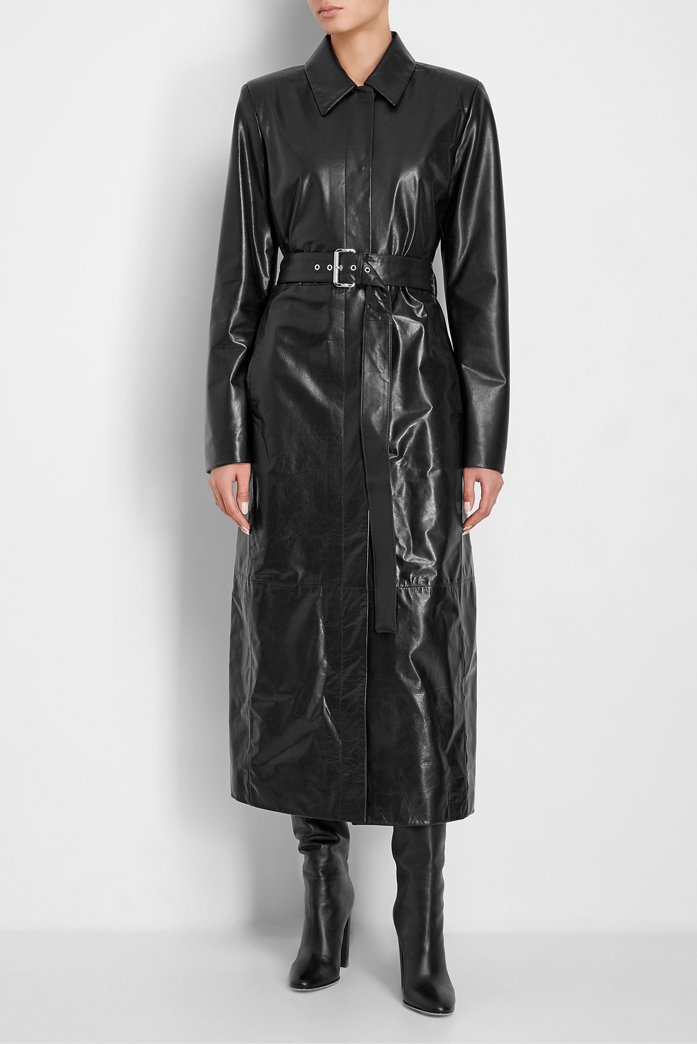 Женское черное кожаное пальто DROMe D2148P — MD-Fashion