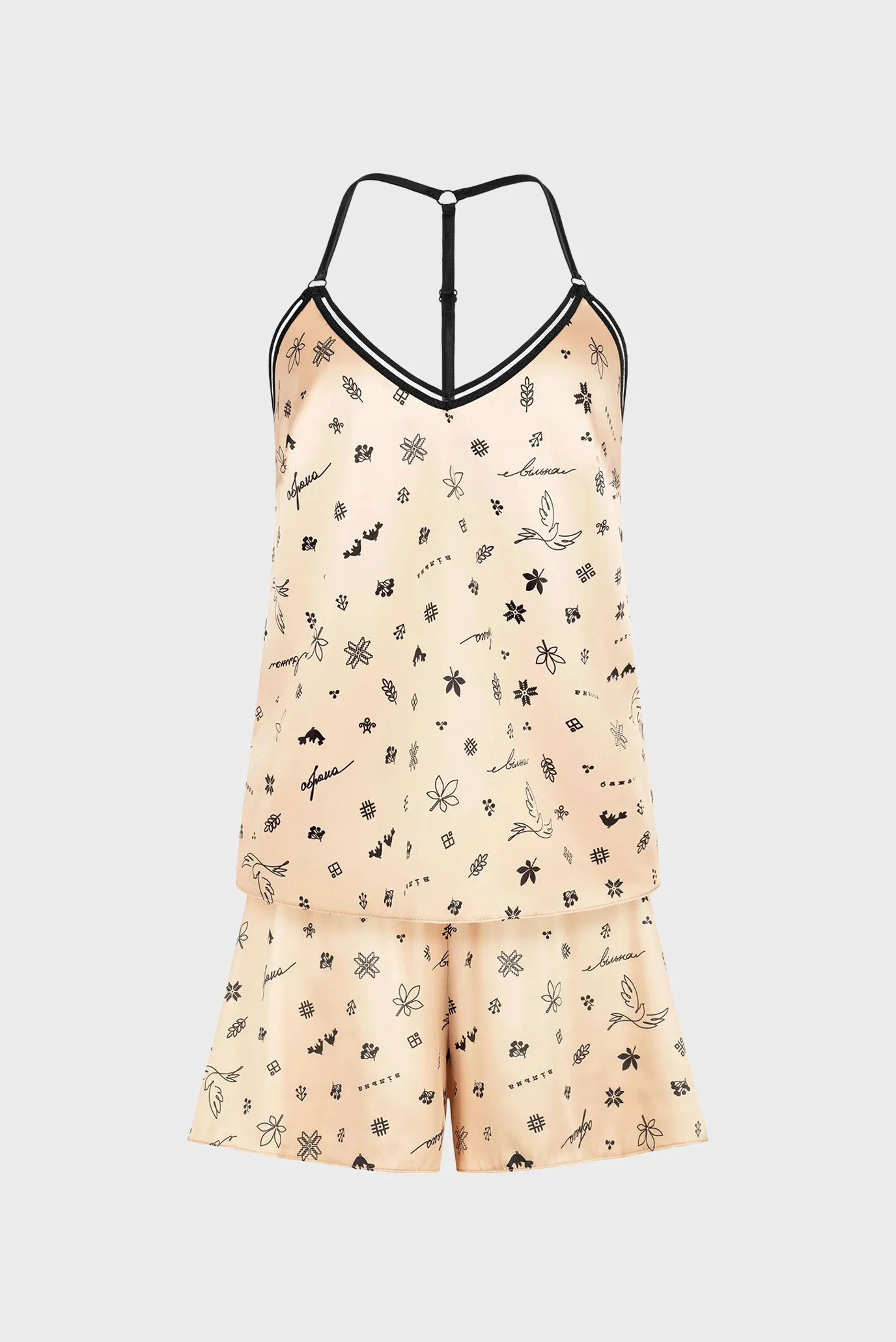 Жіноча бежева піжама з візерунком (топ, шорти) 1