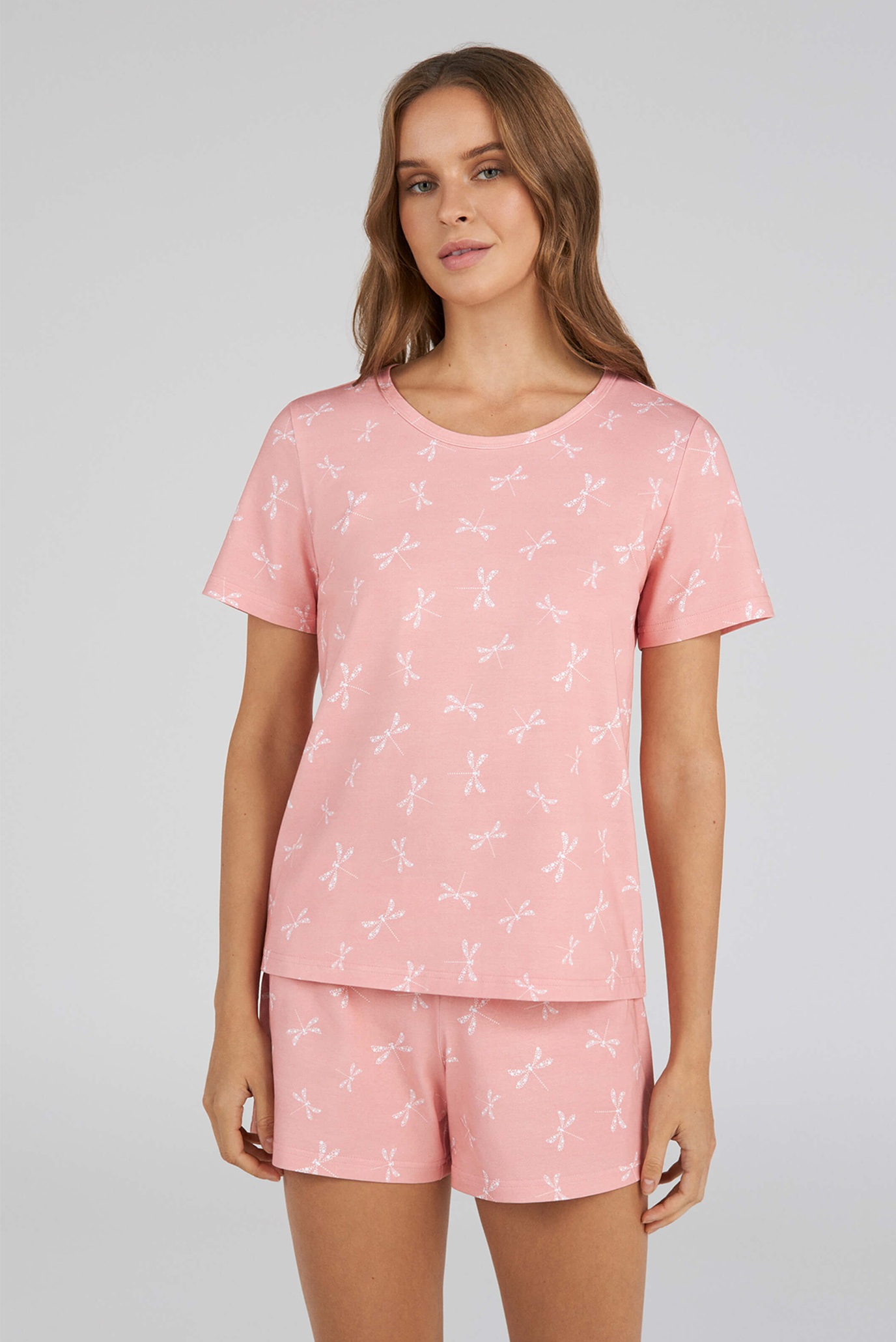 Женская розовая пижама с узором (футболка, шорты) 1