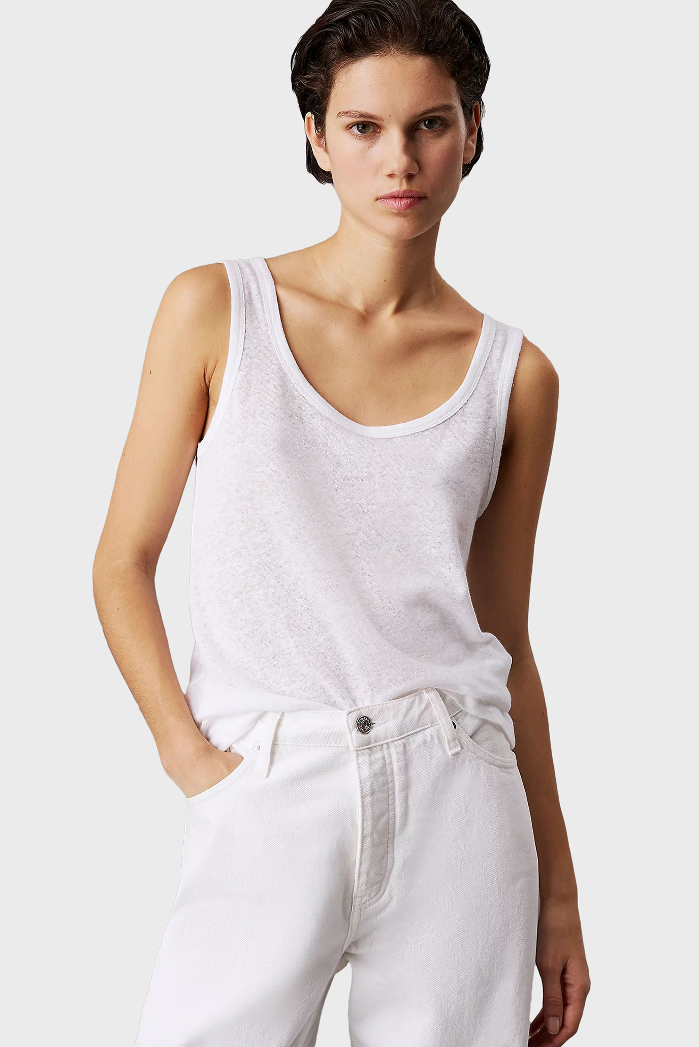 Женская белая льняная майка LINEN JERSEY TANK Белый XS Calvin Klein K20K208396 Женская белая льняная майка LINEN JERSEY TANK Белый XS Calvin Klein K20K208396