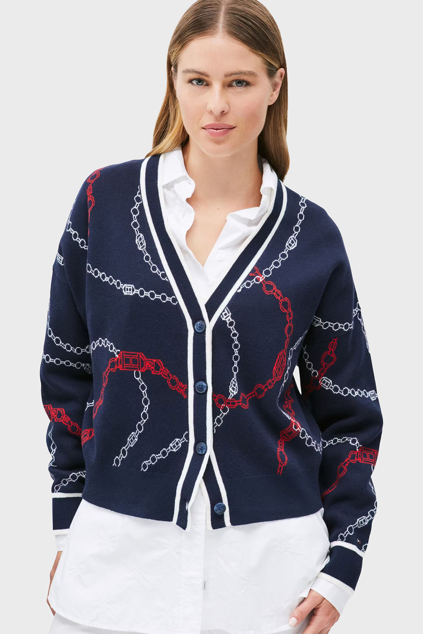 Женский темно-синий кардиган с узором FLAG CHAIN JACQ Синий M Tommy Hilfiger WW0WW45396 Женский темно-синий кардиган с узором FLAG CHAIN JACQ Синий M Tommy Hilfiger WW0WW45396