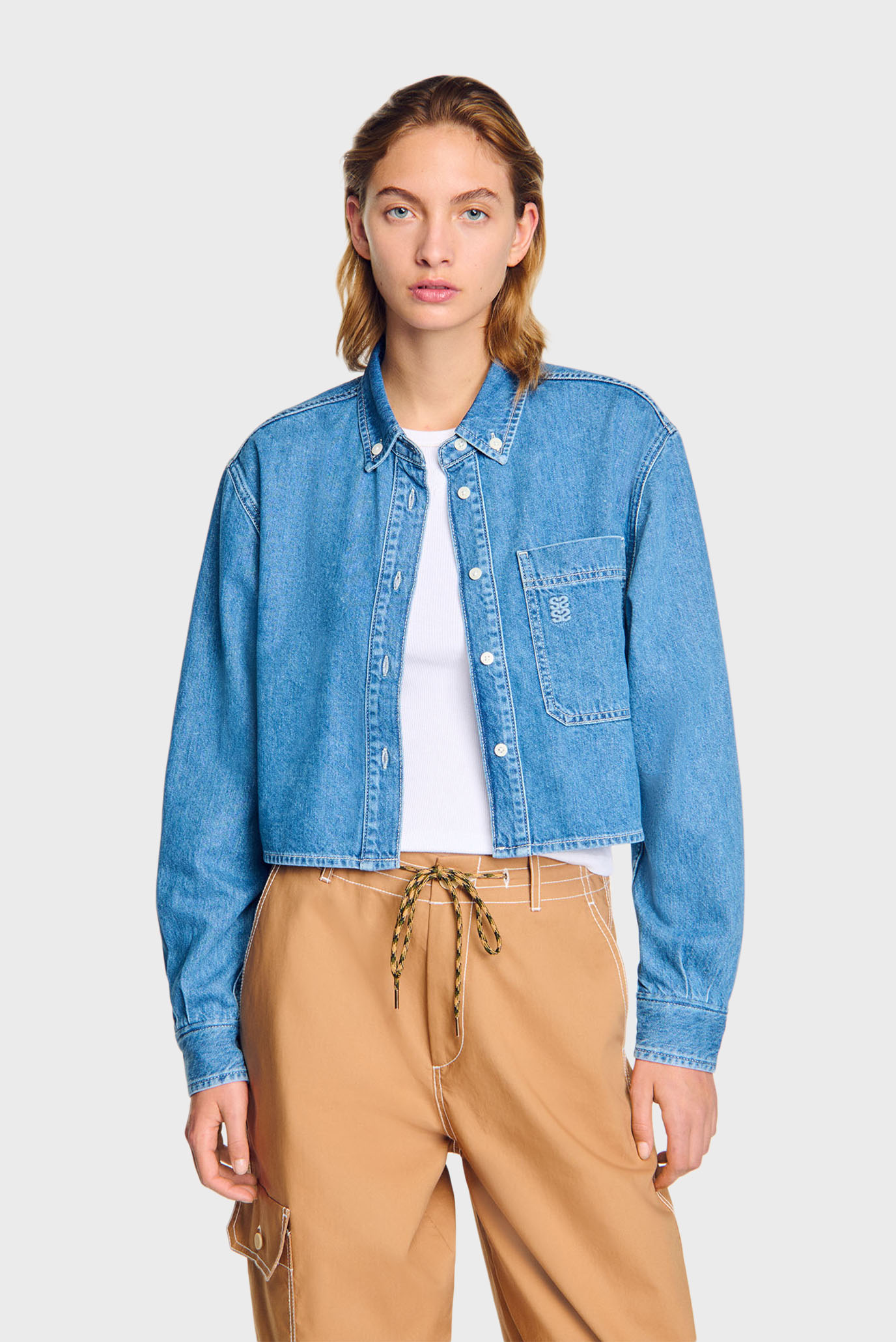 Женская голубая джинсовая рубашка Голубой XS Sandro SFPCM01254_Blue JeanFW25 Женская голубая джинсовая рубашка Голубой XS Sandro SFPCM01254_Blue JeanFW25
