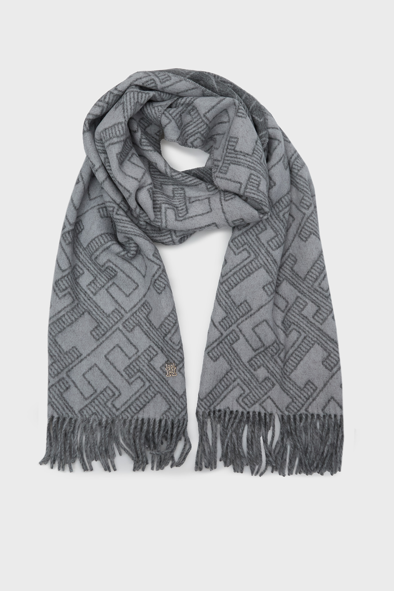 Женский серый шерстяной шарф с узором TH MONOGRAM WOOL SCARF 1