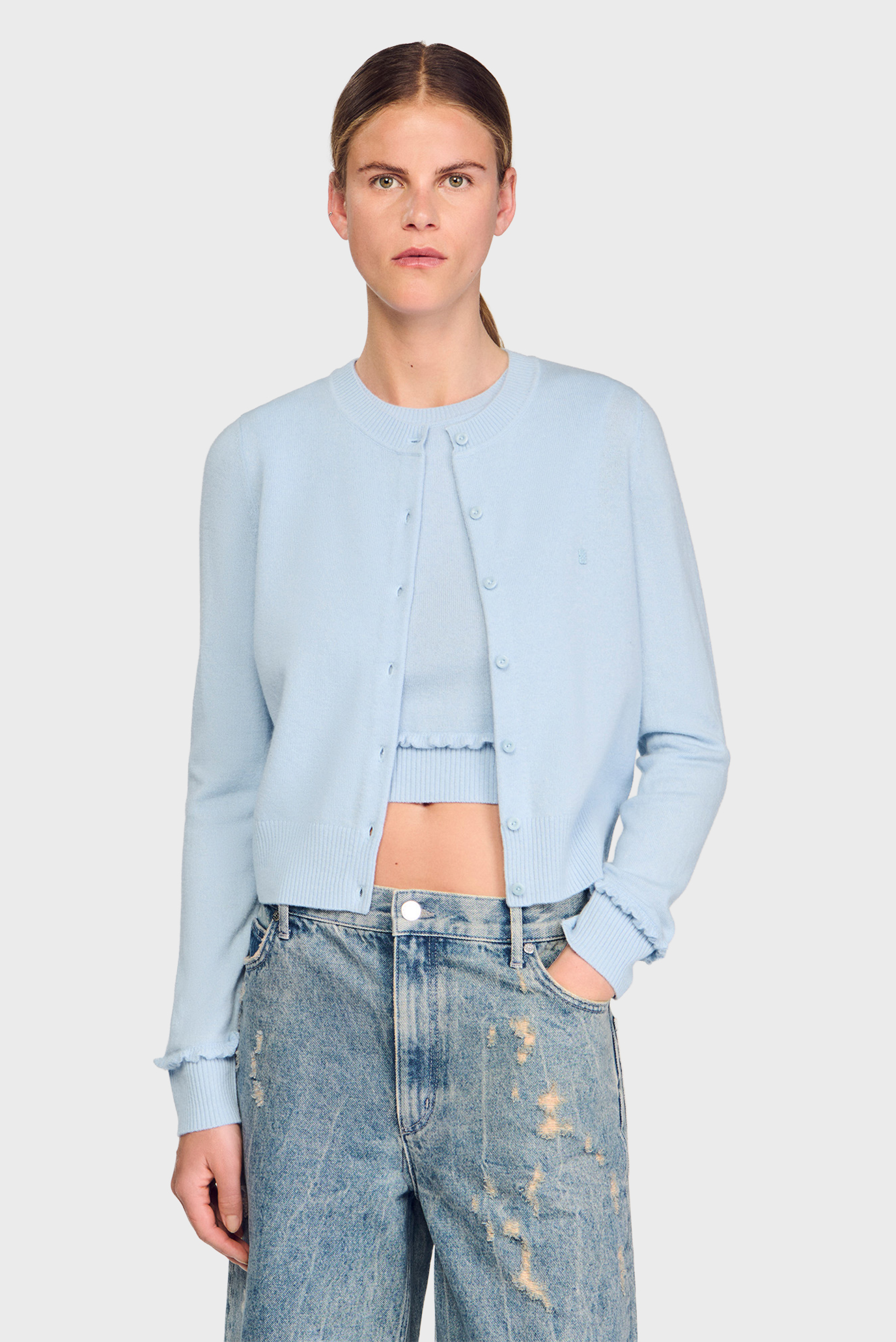Женский голубой шерстяной кардиган Голубой L Sandro SFPCA01025_Sky Blue Женский голубой шерстяной кардиган Голубой L Sandro SFPCA01025_Sky Blue
