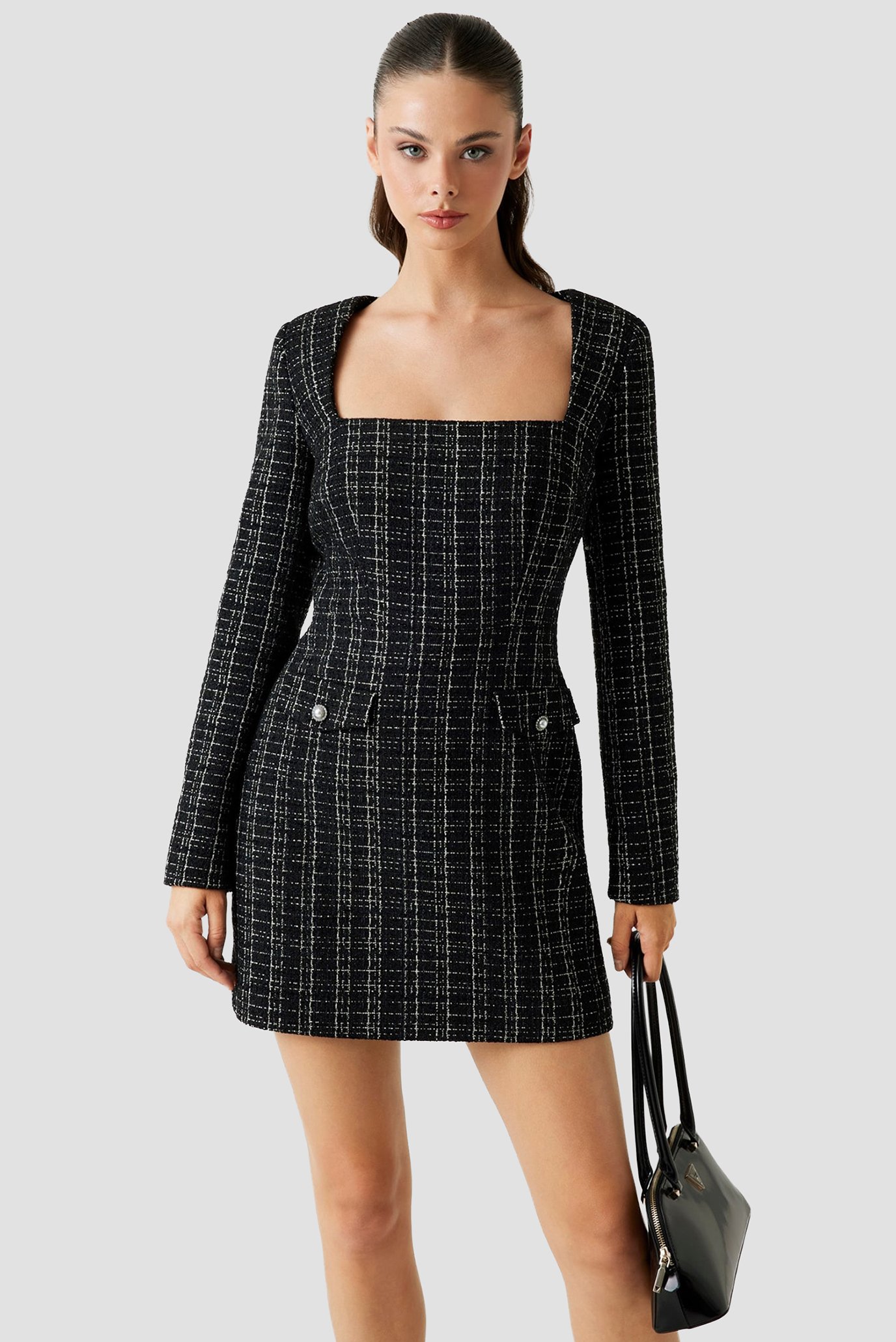 Женское черное твидовое платье в клетку Черный XS Guess W5BK20.W2382;JBLK Женское черное твидовое платье в клетку Черный XS Guess W5BK20.W2382;JBLK