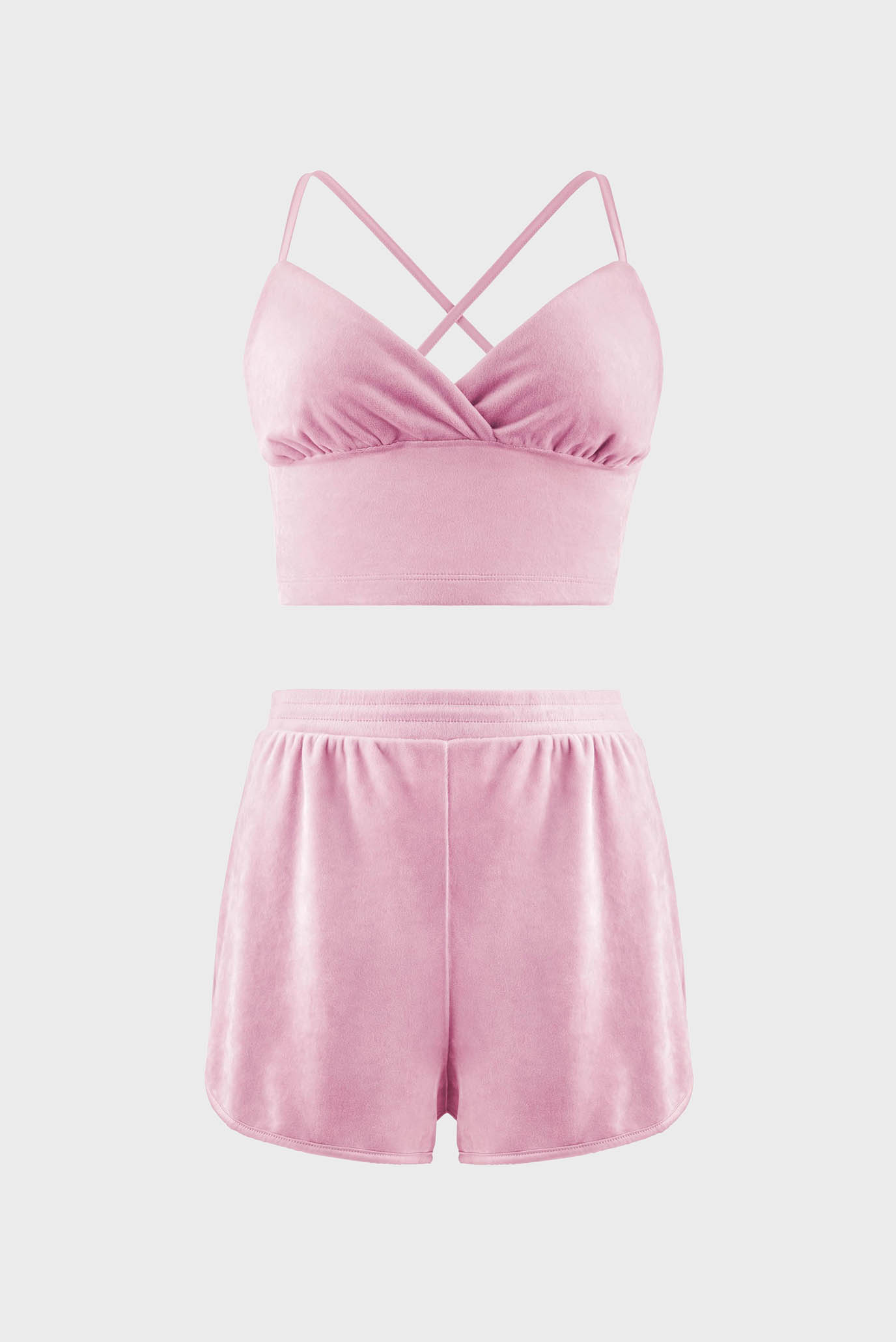 Жіночий рожевий велюровий комплект одягу (топ, шорти) 1