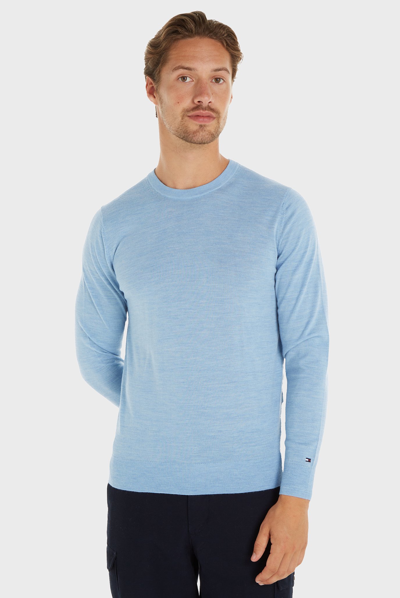 Мужской голубой шерстяной джемпер DC FINE GAUGE MERINO CREW NK Голубой M Tommy Hilfiger MW0MW33128 Мужской голубой шерстяной джемпер DC FINE GAUGE MERINO CREW NK Голубой M Tommy Hilfiger MW0MW33128