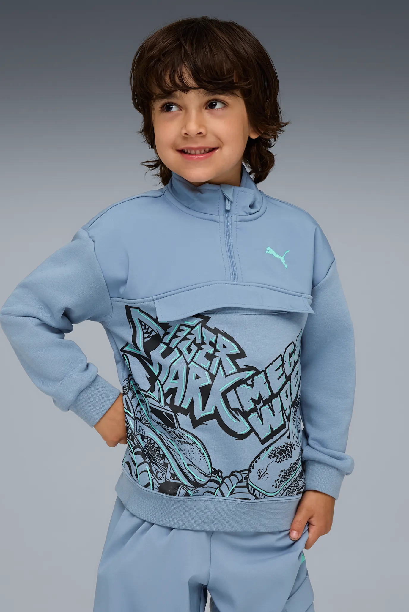 Дитяча блакитна спортивна кофта PUMA x HOT WHEELS™ MONSTER TRUCKS Half-Zip Crew Kids 1