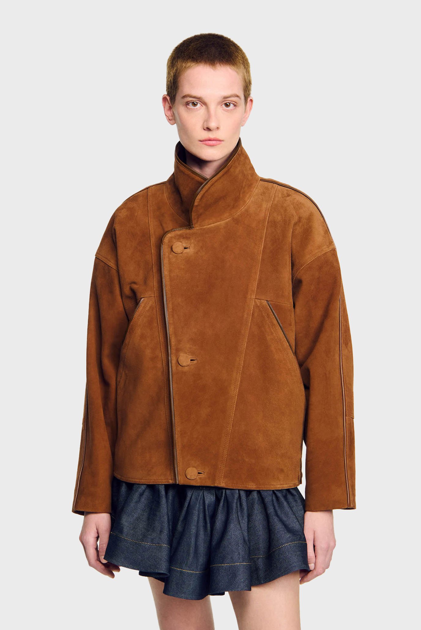 Женская коричневая замшевая куртка Коричневый 38 Sandro SFPBL01216_Brown Женская коричневая замшевая куртка Коричневый 38 Sandro SFPBL01216_Brown