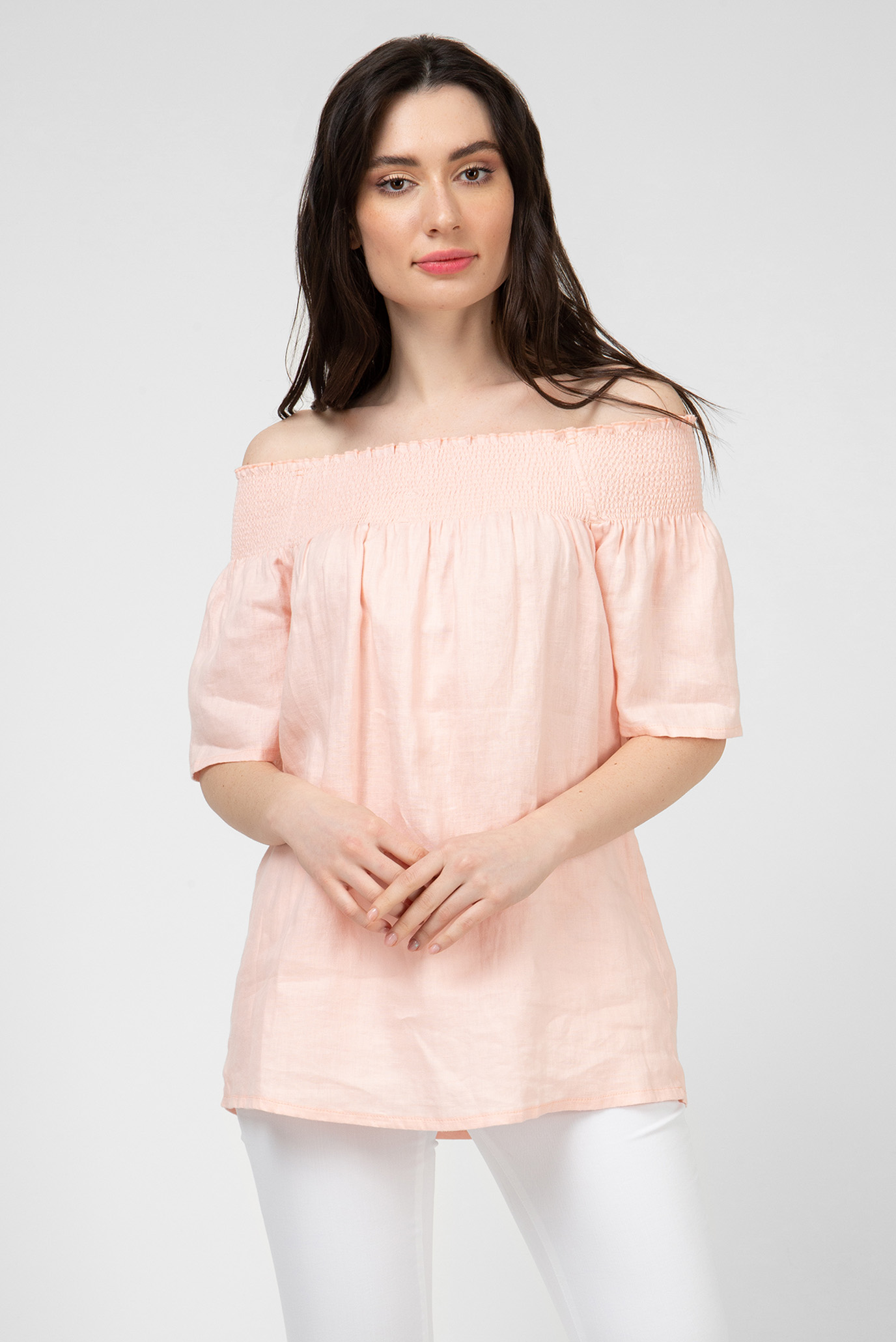 Женская розовая льняная блуза 1