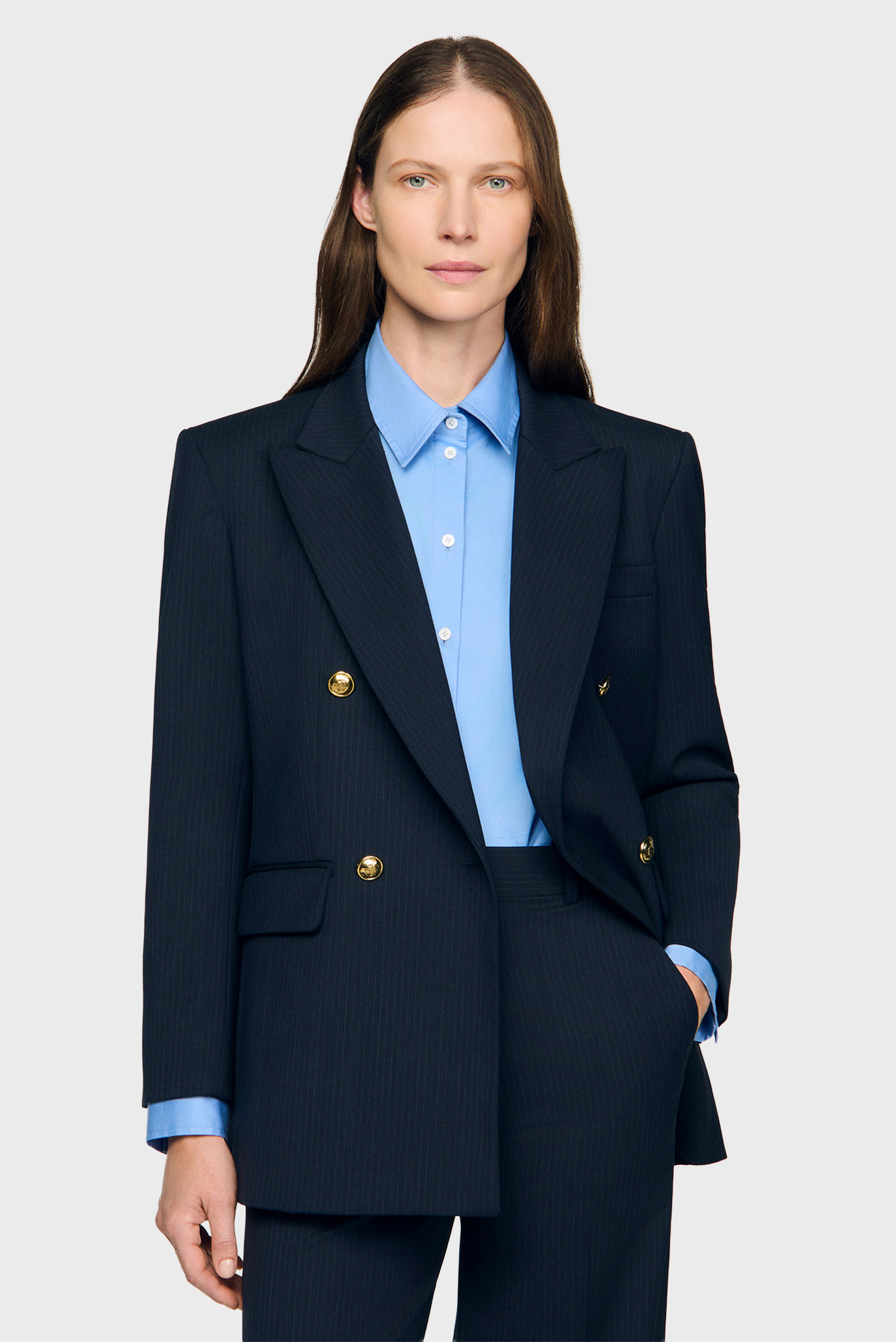 Женский темно-синий шерстяной жакет в полоску Синий 40 Sandro SFPVE01240_Navy Blue Женский темно-синий шерстяной жакет в полоску Синий 40 Sandro SFPVE01240_Navy Blue