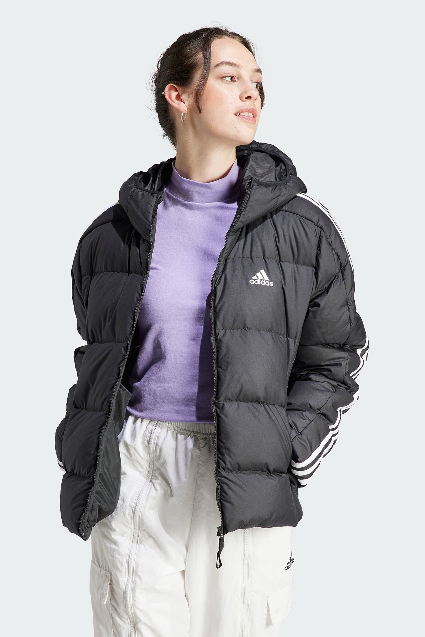 Женский черный пуховик Essentials 3-Stripes Mid Down Hooded 1