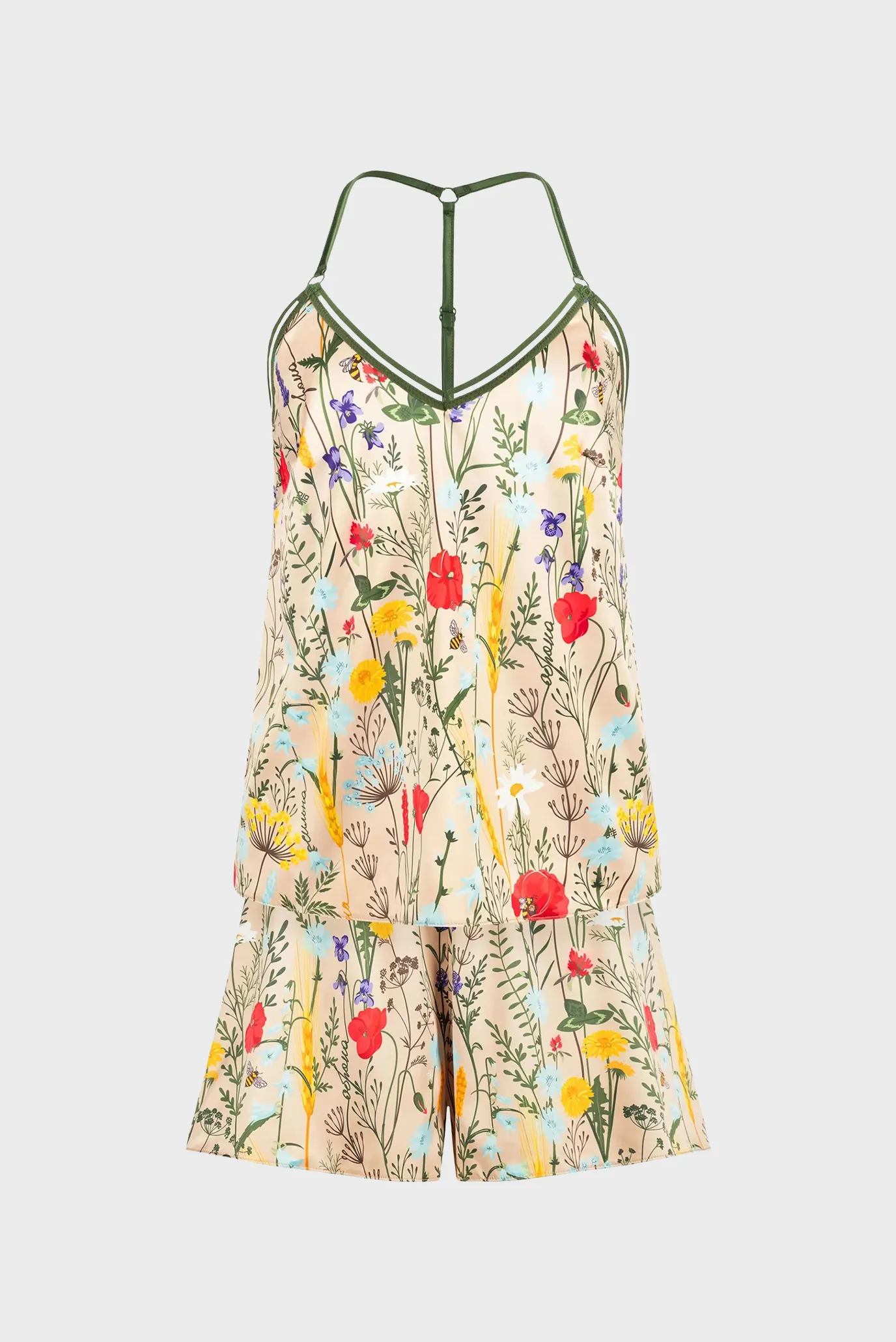 Жіноча бежева піжама з візерунком (топ, шорти) 1