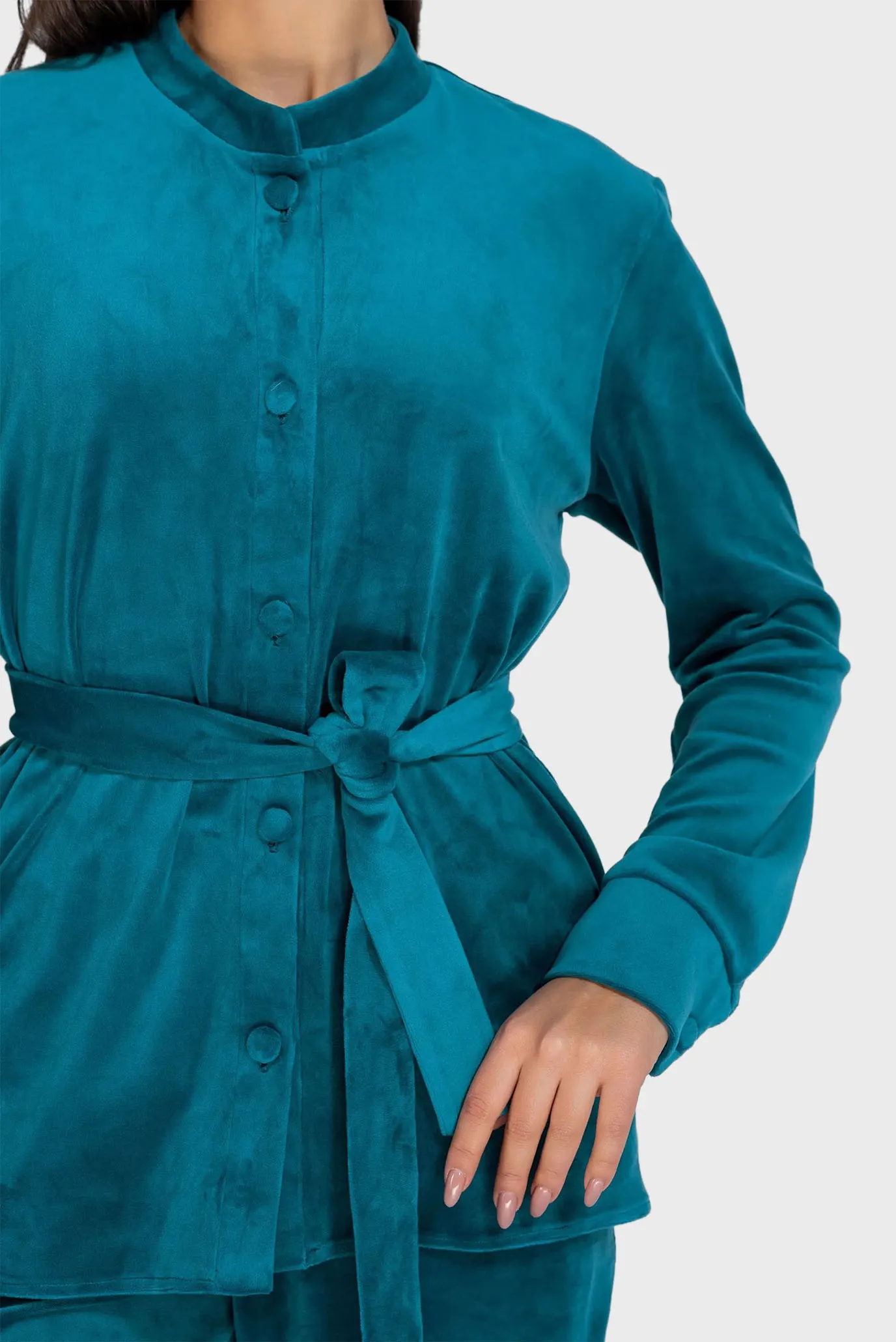 Женский бирюзовый велюровый комплект одежды (рубашка, брюки) 3