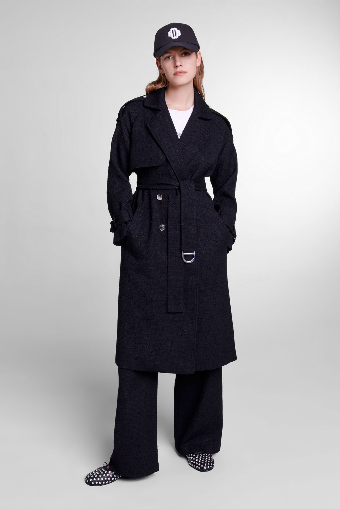 Женское черное твидовое пальто 1