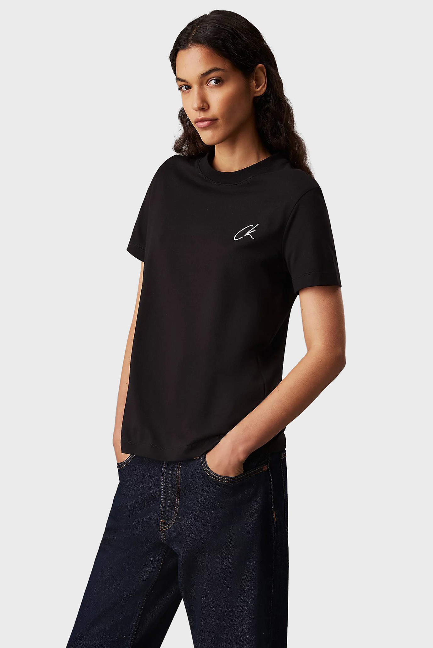 Женская черная футболка EMBROIDERED CK REGULAR TEE 1