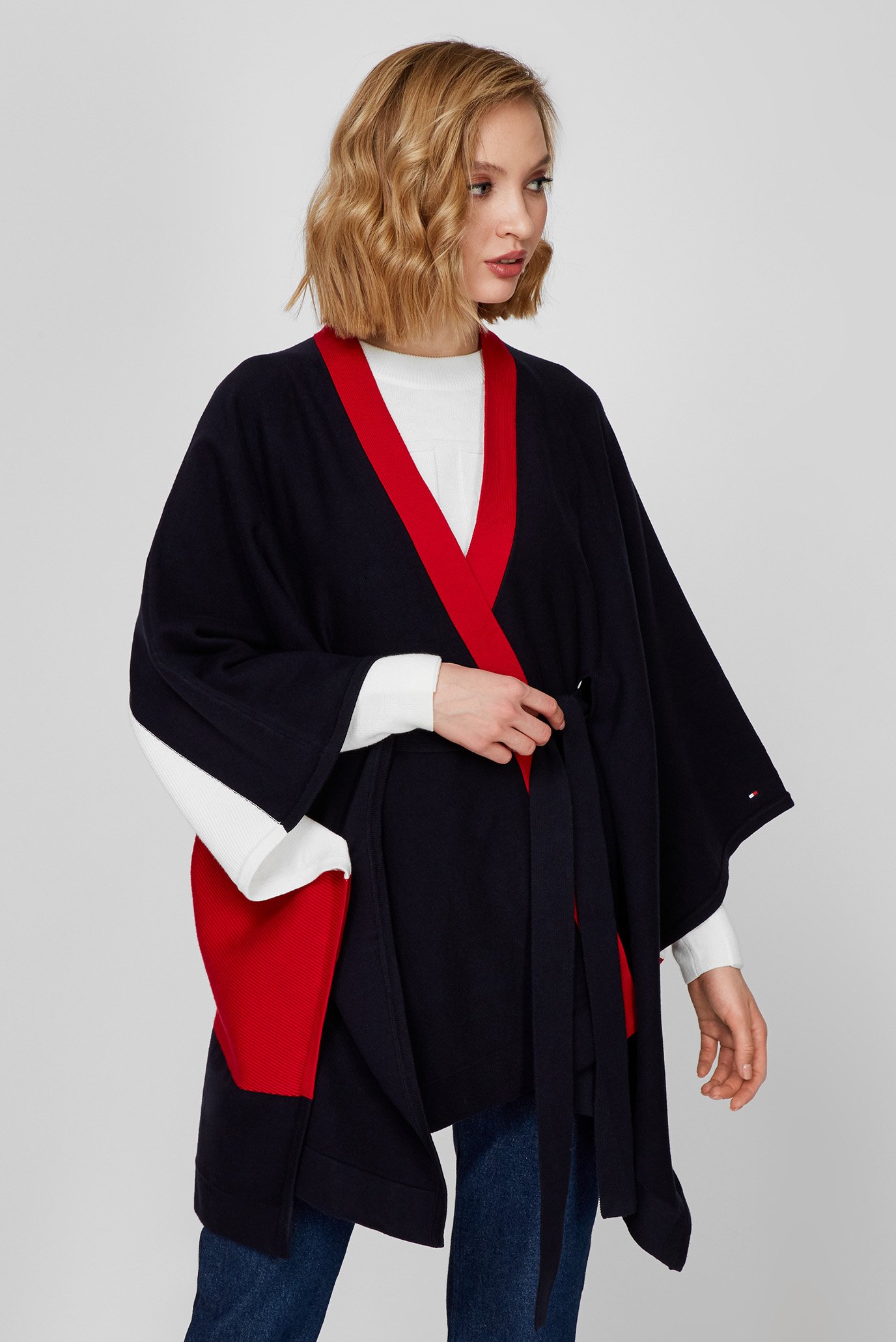 Женское темно-синее пончо ORG CO GLOBAL STRIPE BELTED CAPE 1