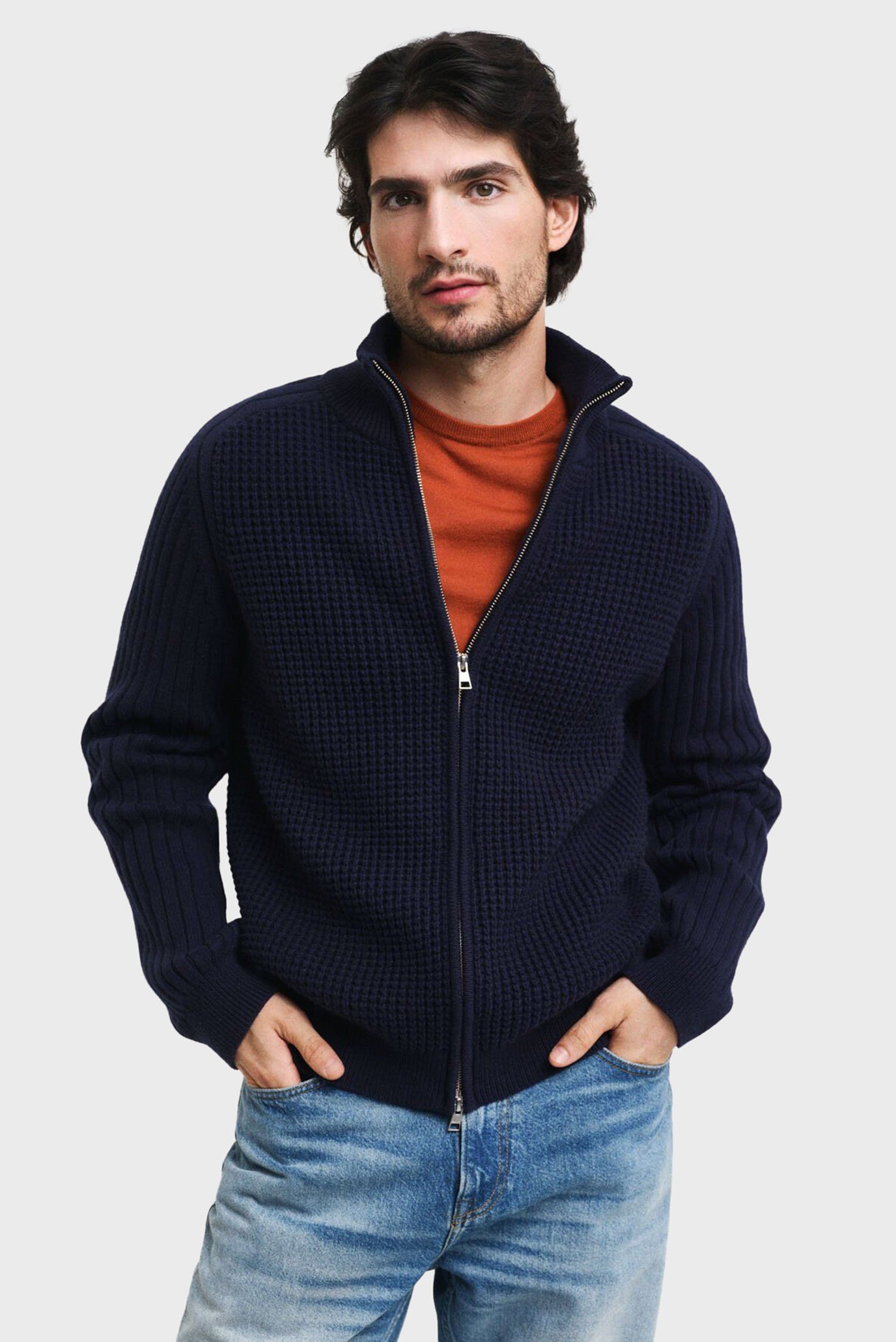 Чоловічий темно-синій кардиган WOOL BLEND TEXTURED ZIP CARDIGAN 1