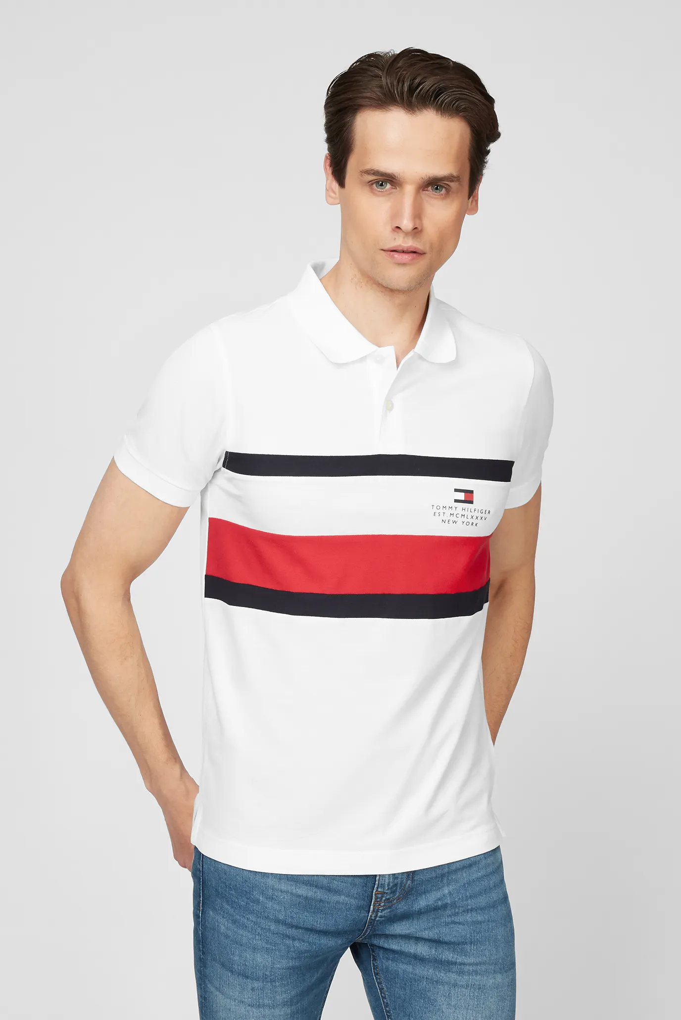 Мужское белое поло CHEST STRIPE SLIM 