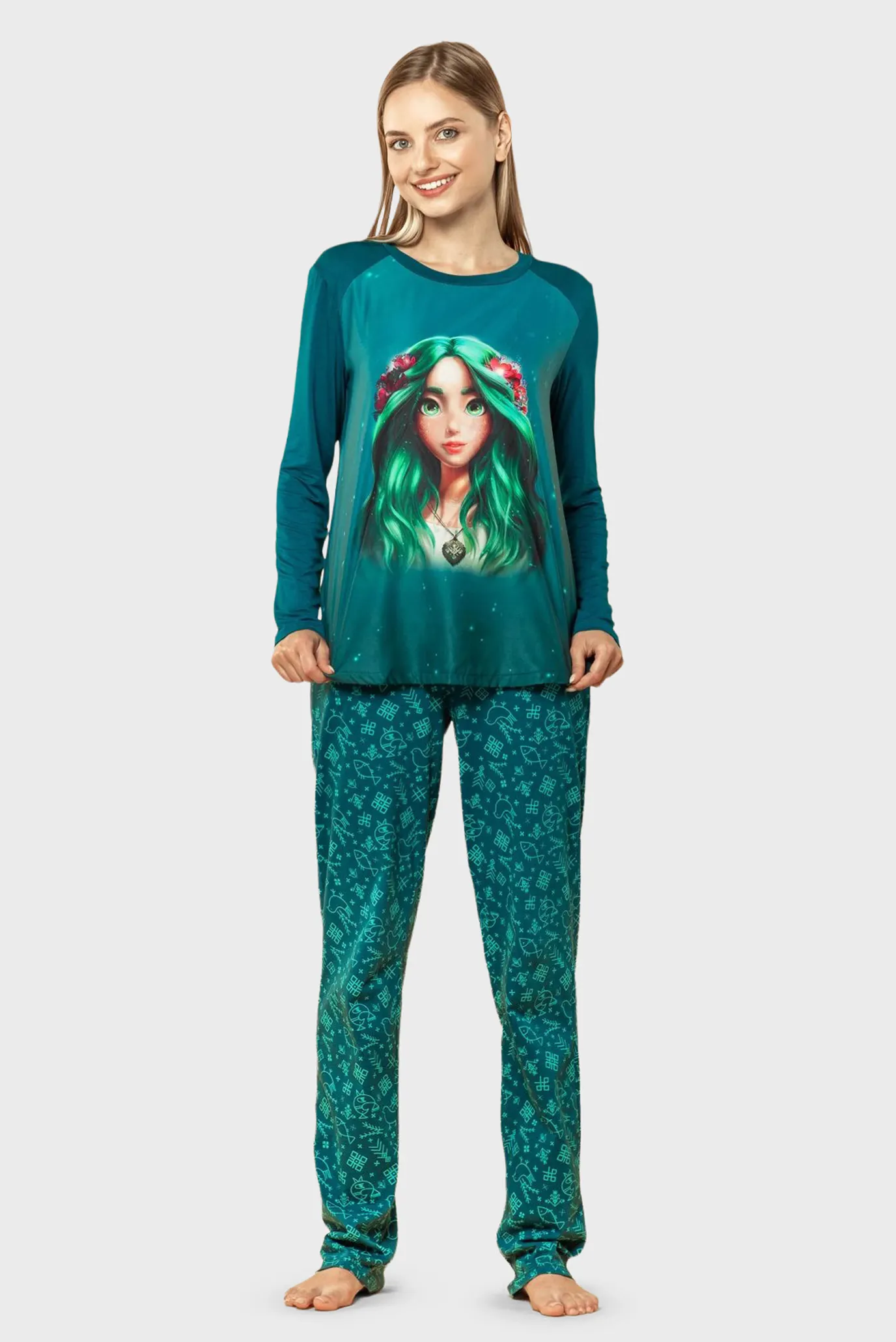 Жіноча бірюзова піжама (лонгслів, брюки) 1
