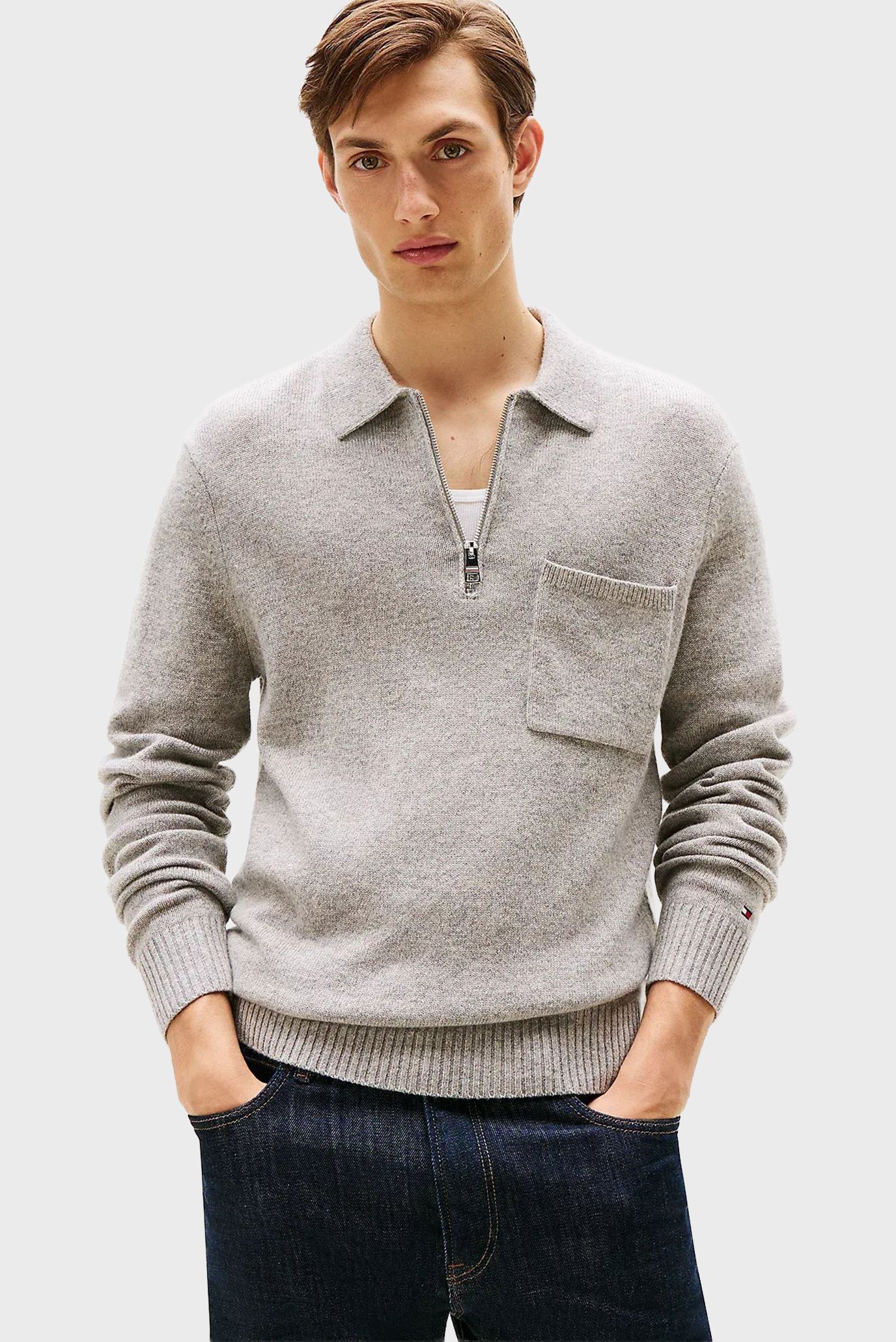 Мужское серое шерстяное поло LAMBSWOOL Серый XL Tommy Hilfiger MW0MW40437 Мужское серое шерстяное поло LAMBSWOOL Серый XL Tommy Hilfiger MW0MW40437