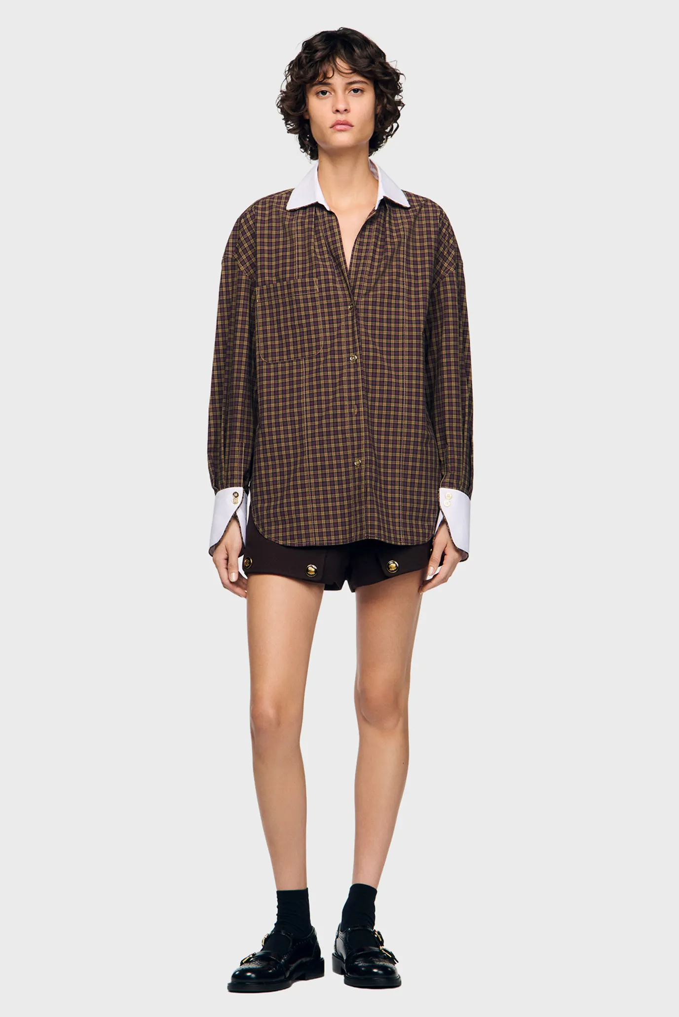 Жіноча коричнева вовняна картата сорочка 5