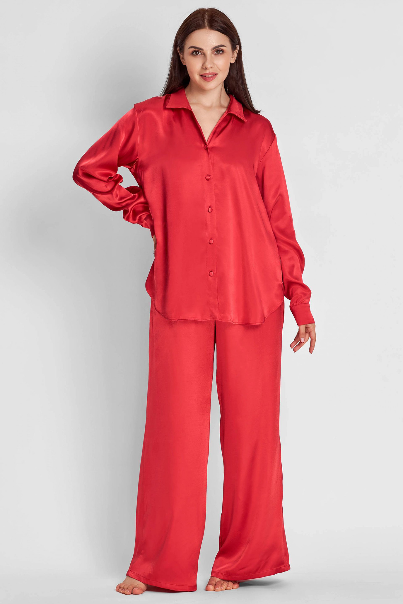 Женская красная пижама (рубашка, брюки) 1