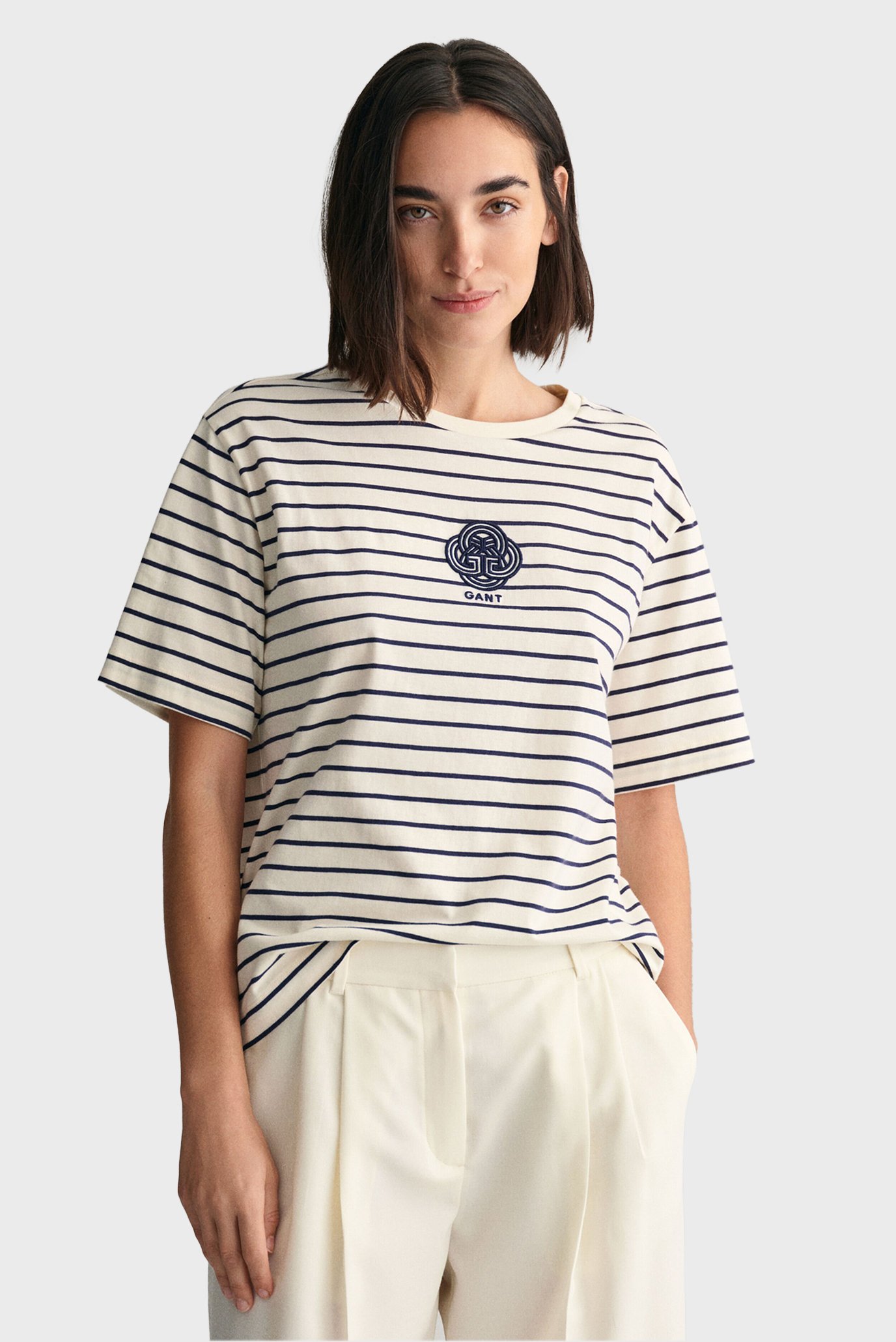 Женская белая футболка в полоску REL STRIPED MONOGRAM SS 1