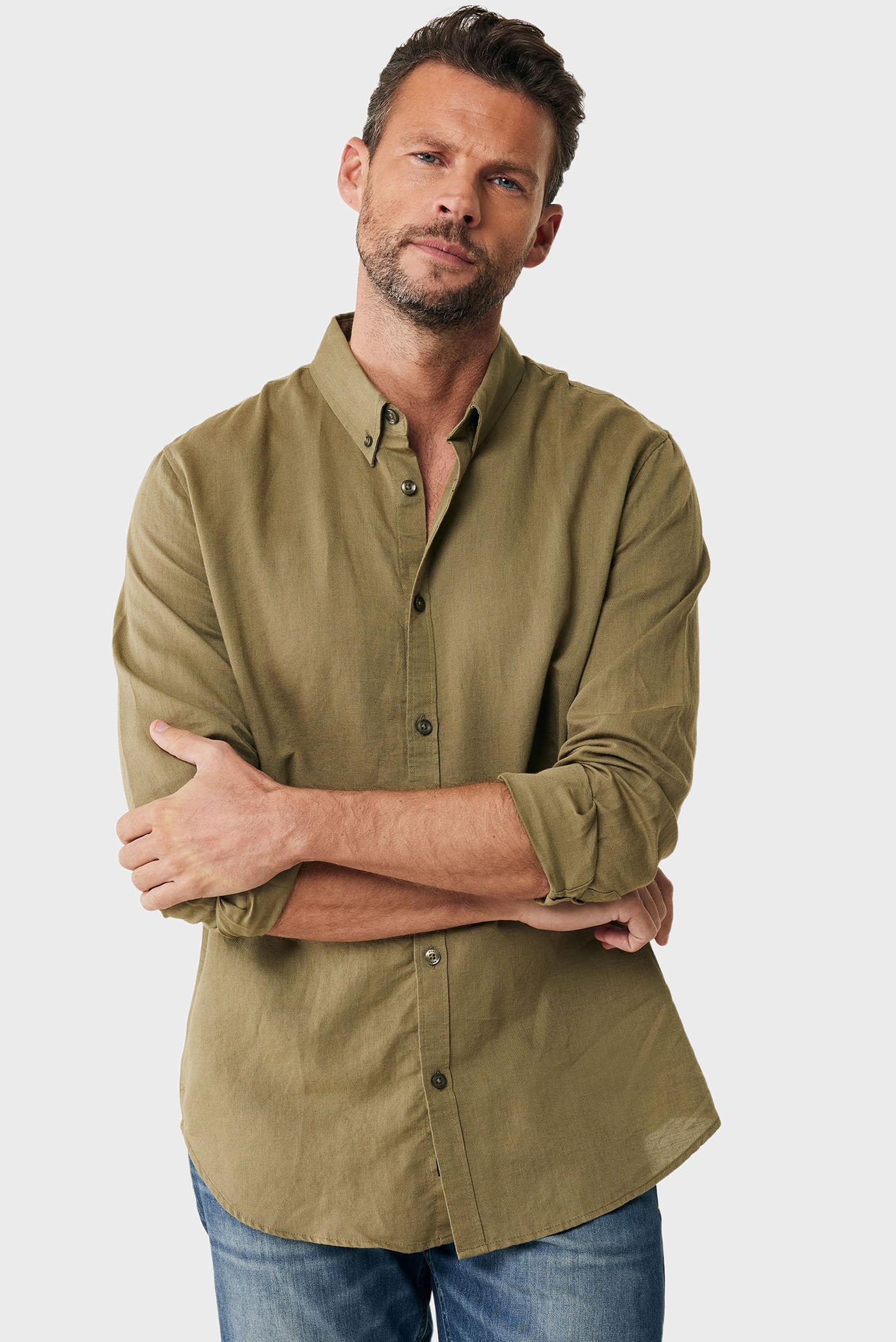 Мужская оливковая льняная рубашка CALEB 1