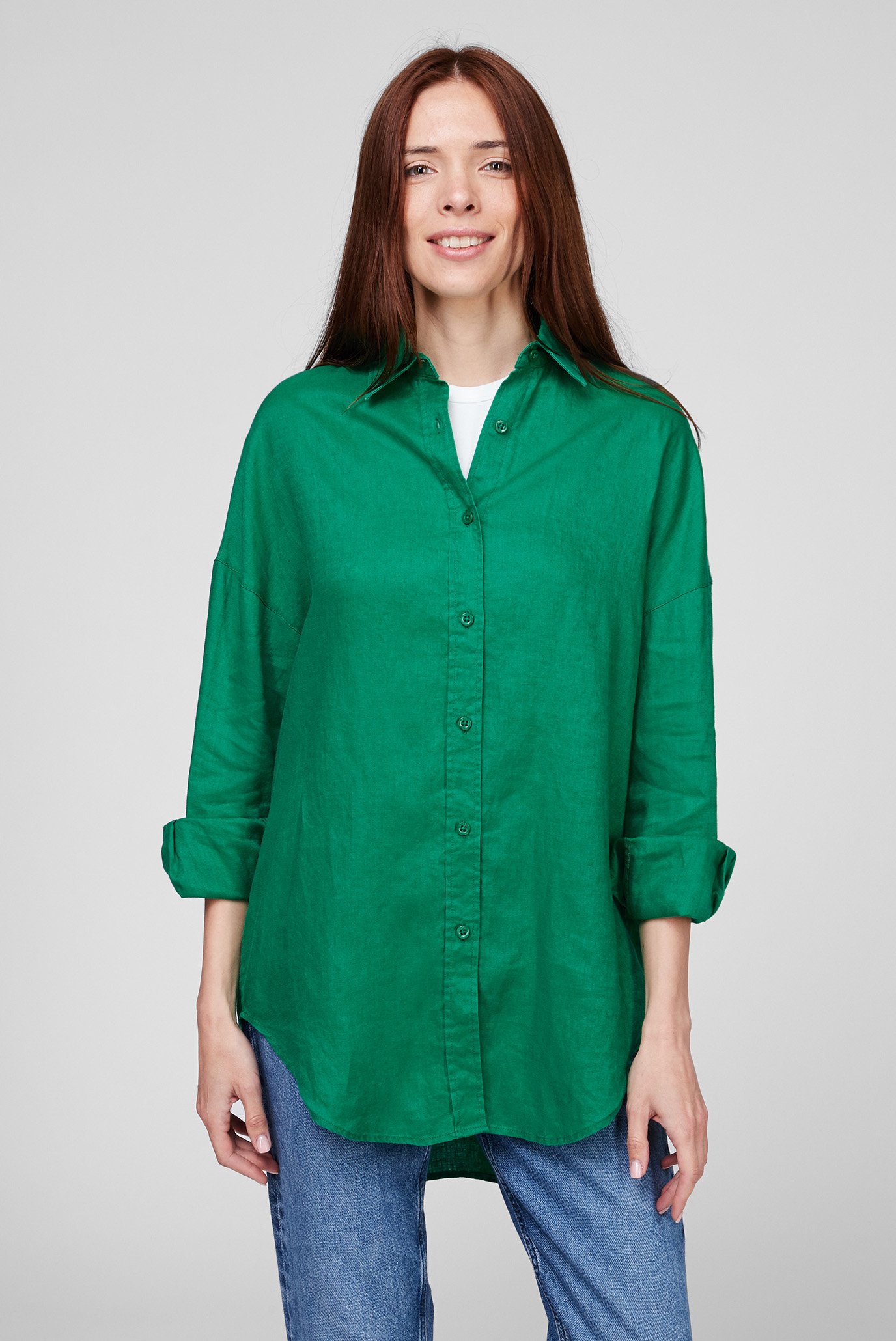 Женская зеленая льняная рубашка 1
