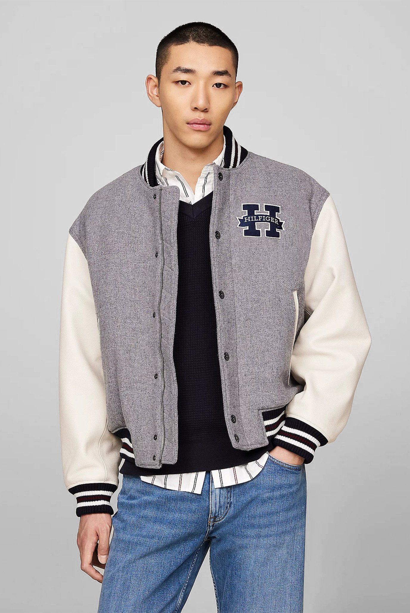 Чоловічий сірий вовняний бомбер LEATHER VARSITY JACKET 1