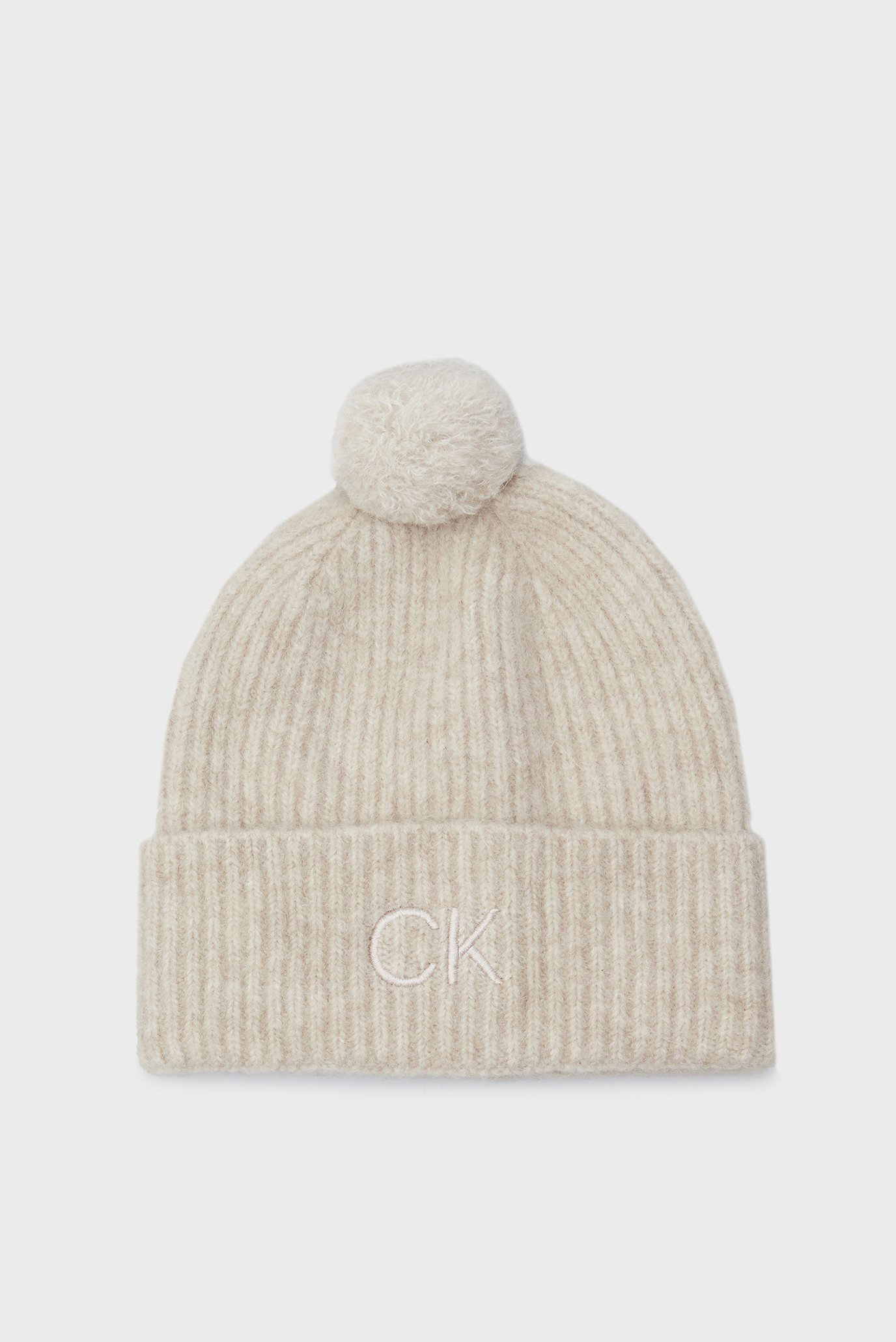 Женская серая шерстяная шапка CK EMBROIDERY AIRY POMPOM BEANIE 1