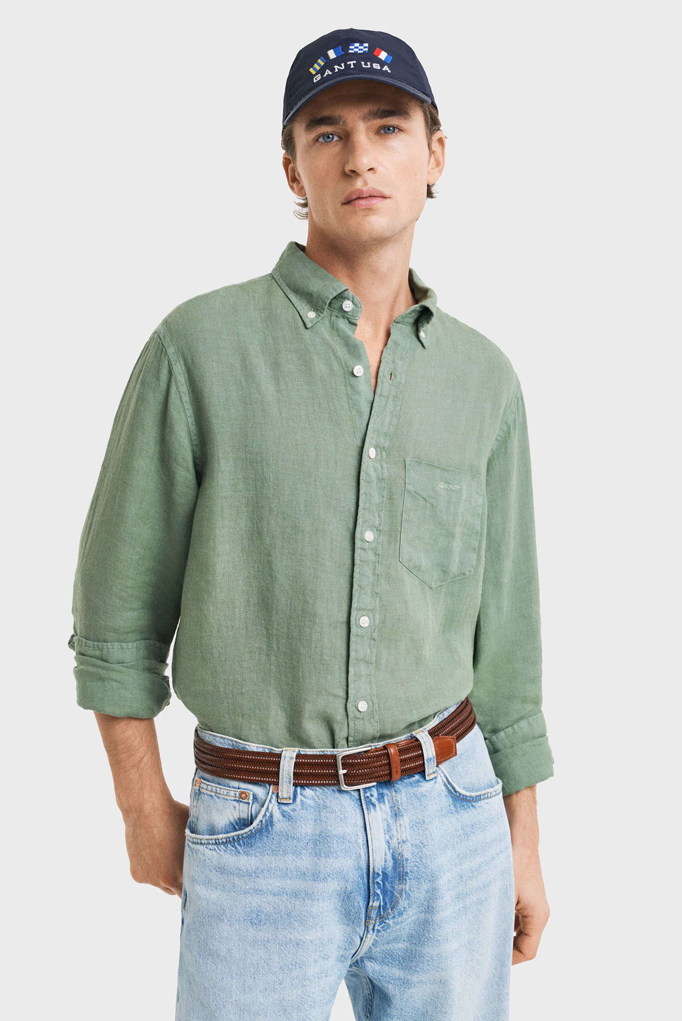 Мужская зеленая льняная рубашка REG GMNT DYED LINEN SHIRT Зеленый XL Gant 3240120