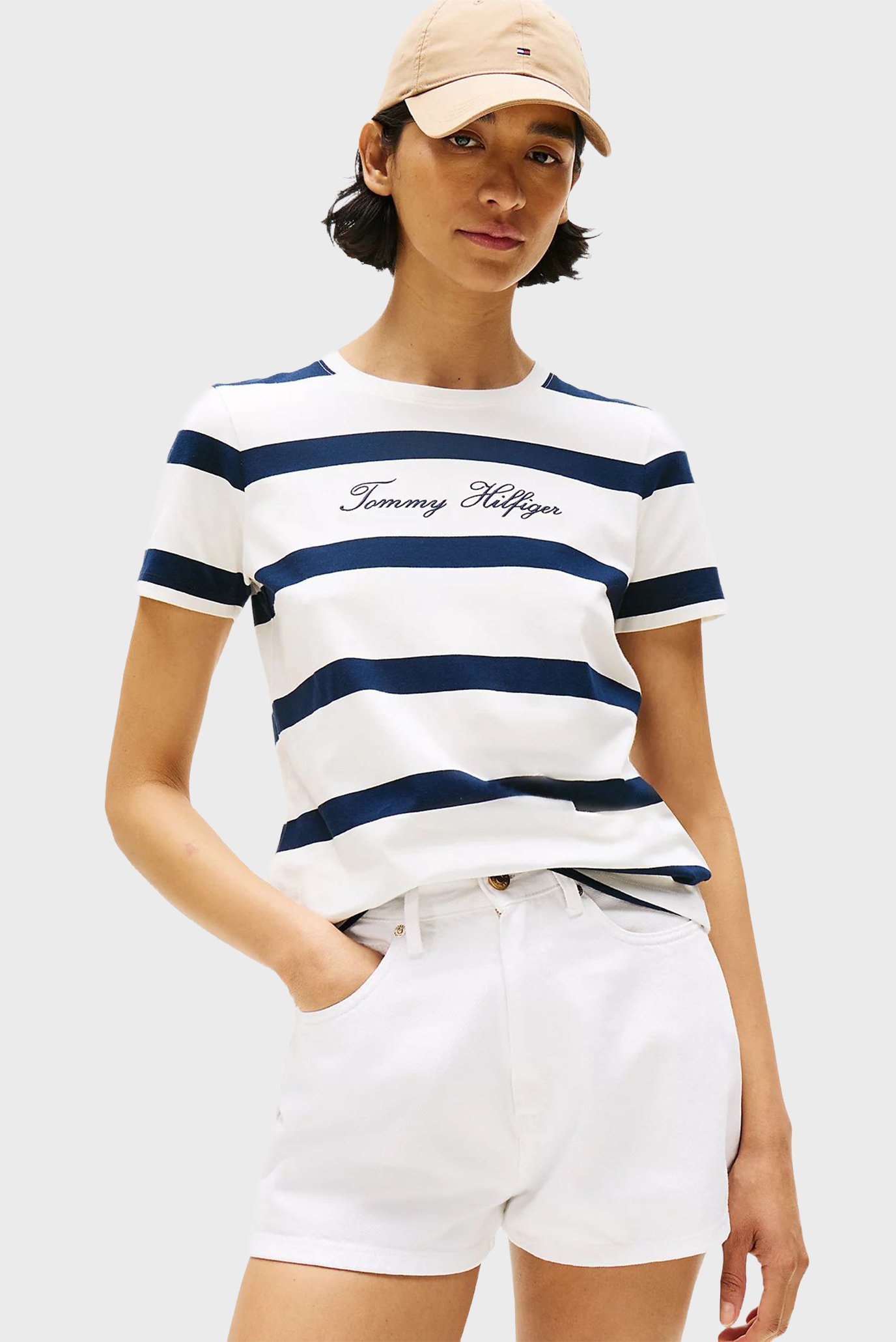 Женская белая футболка в полоску SCRIPT REG Белый L Tommy Hilfiger WW0WW45746 Женская белая футболка в полоску SCRIPT REG Белый L Tommy Hilfiger WW0WW45746