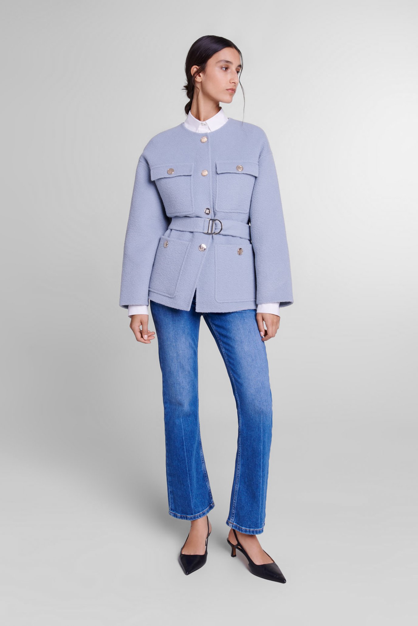 Женское голубое шерстяное пальто 1